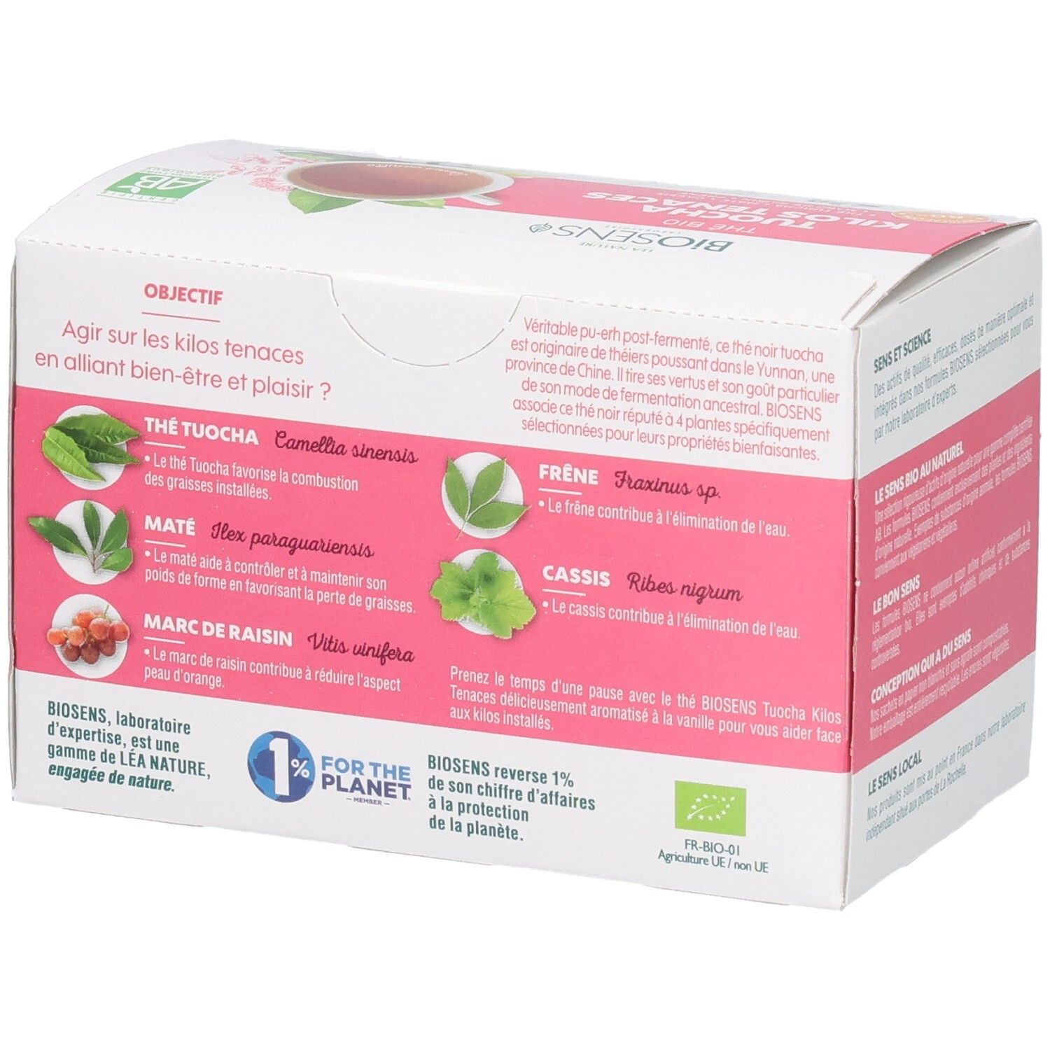 Vue latérale d'une boîte de 20 sachets de thé bio, avec détails sur les ingrédients.