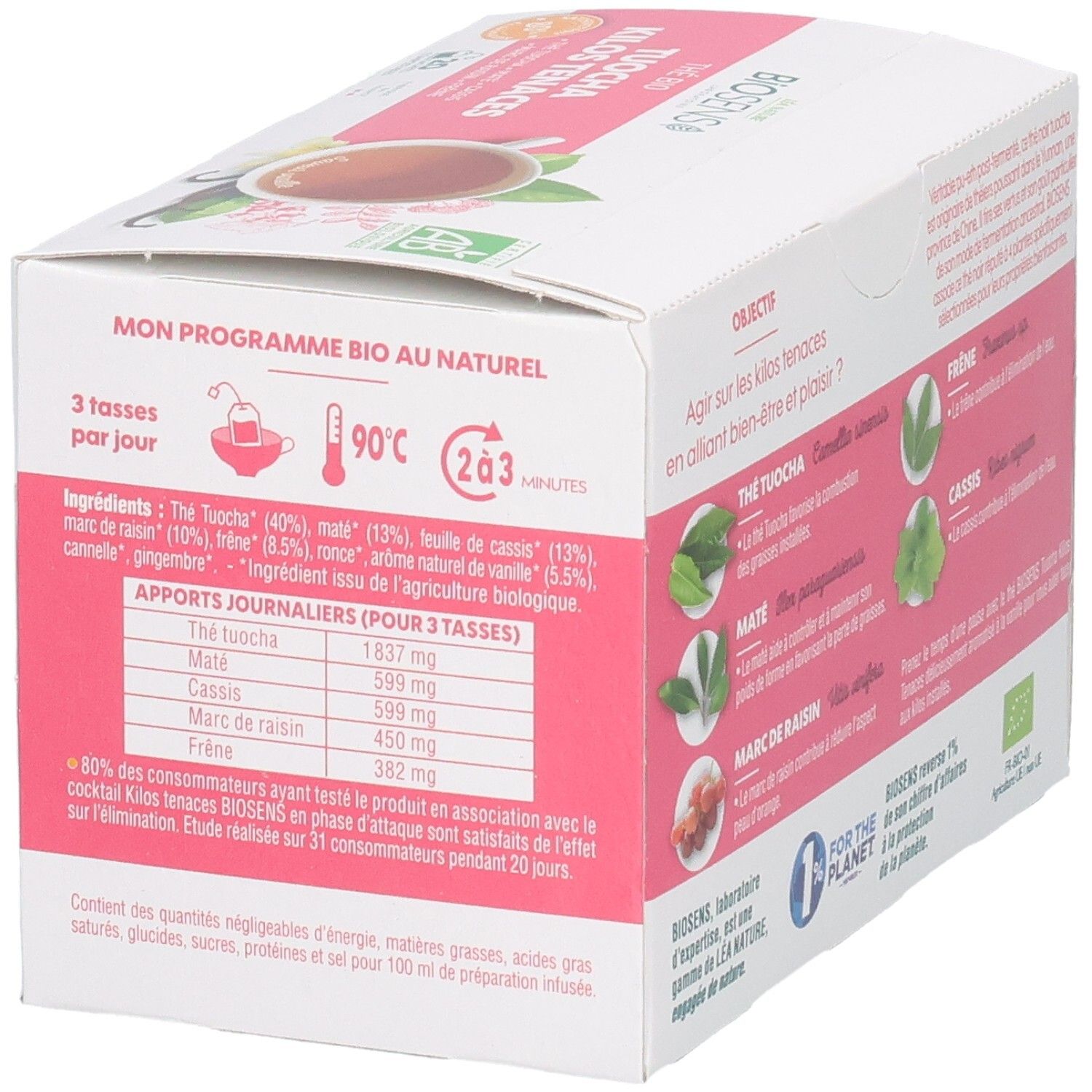 Vue latérale d'une boîte de 20 sachets de thé bio, avec instructions de préparation et informations nutritionnelles.