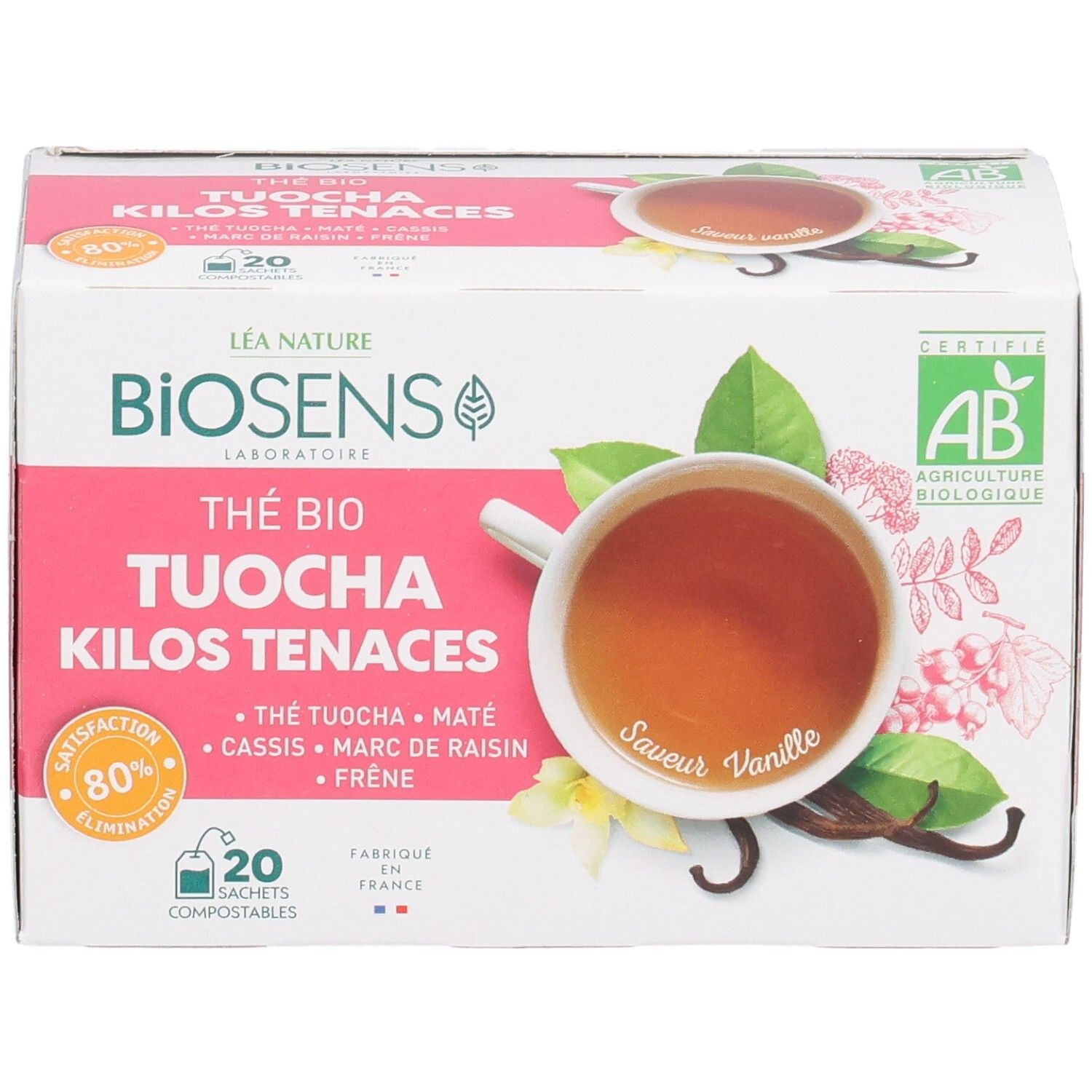 Avant d'une boîte de 20 sachets de thé bio "Thé Tuocha Kilos Tenaces" saveur vanille.