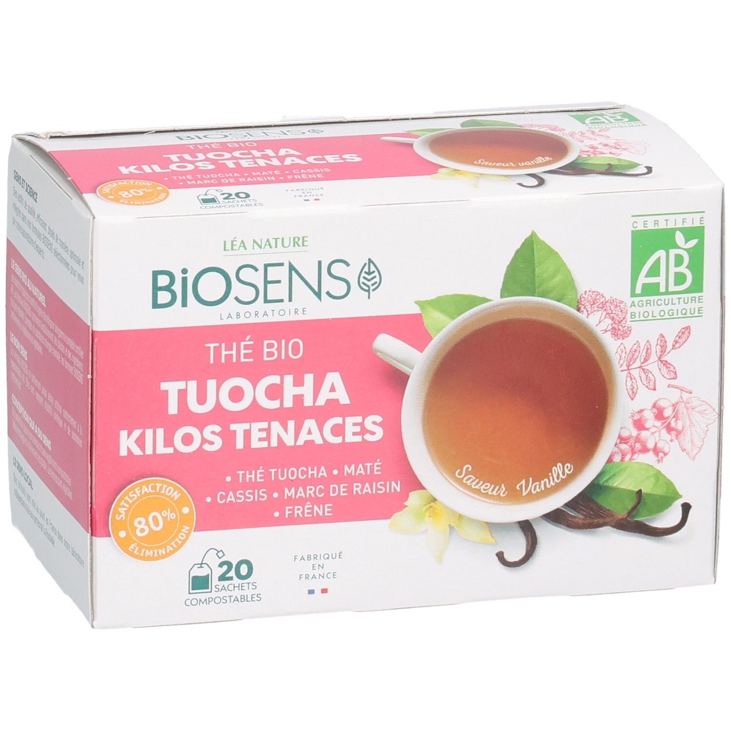 Boîte de 20 sachets de thé bio "Thé Tuocha Kilos Tenaces" saveur vanille.