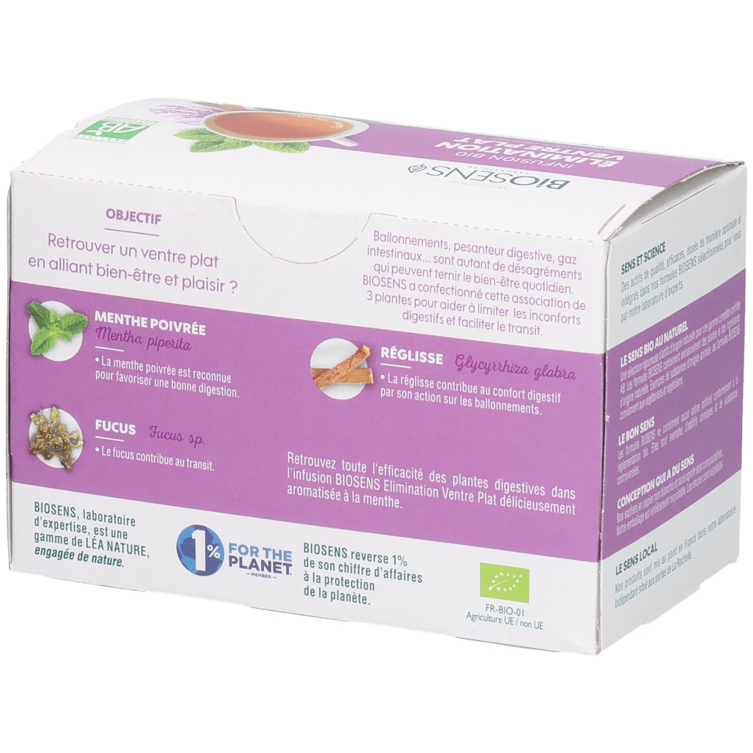 Léa Nature Biosens Infusion Bio : Ventre Plat, côté avec ingrédients.