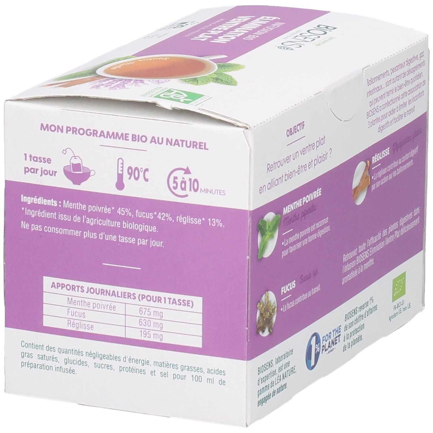 Léa Nature Biosens Infusion Bio : Ventre Plat, côté avec valeurs nutritionnelles.