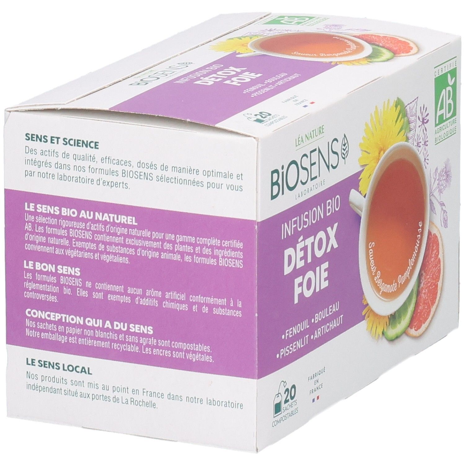 Arrière de la boîte Biosens Infusion Bio Detox Foie avec informations sur les ingrédients et label Bio.