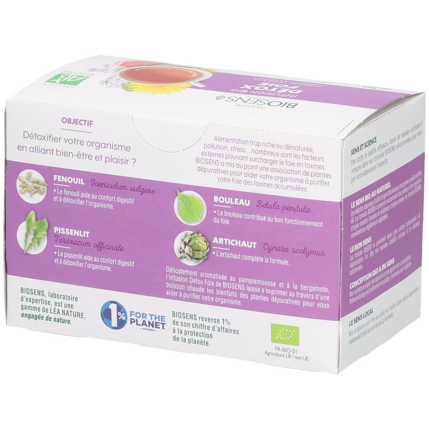 Côté de la boîte Biosens Infusion Bio Detox Foie avec détails sur les plantes et le label Bio.