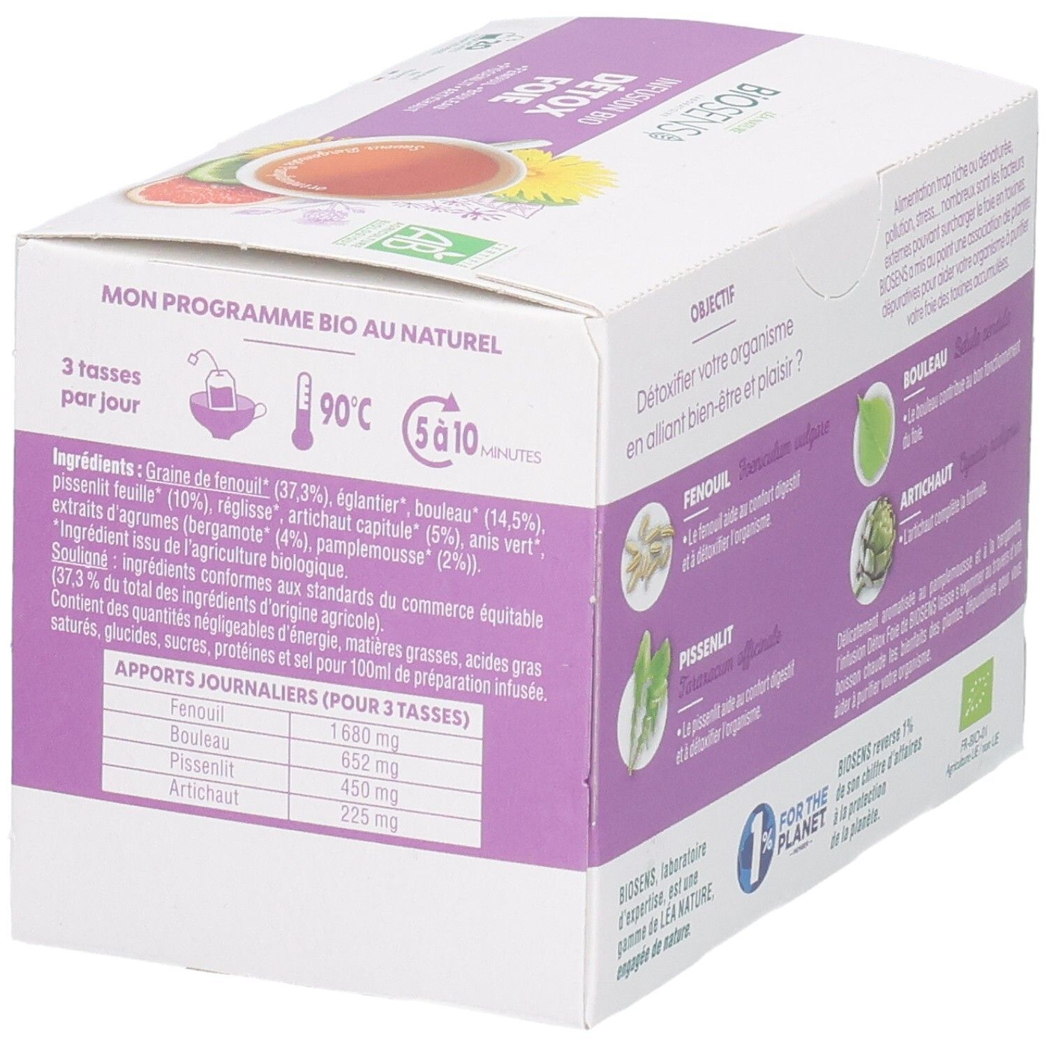 Côté de la boîte Biosens Infusion Bio Detox Foie avec liste d'ingrédients, valeurs nutritionnelles et label Bio.