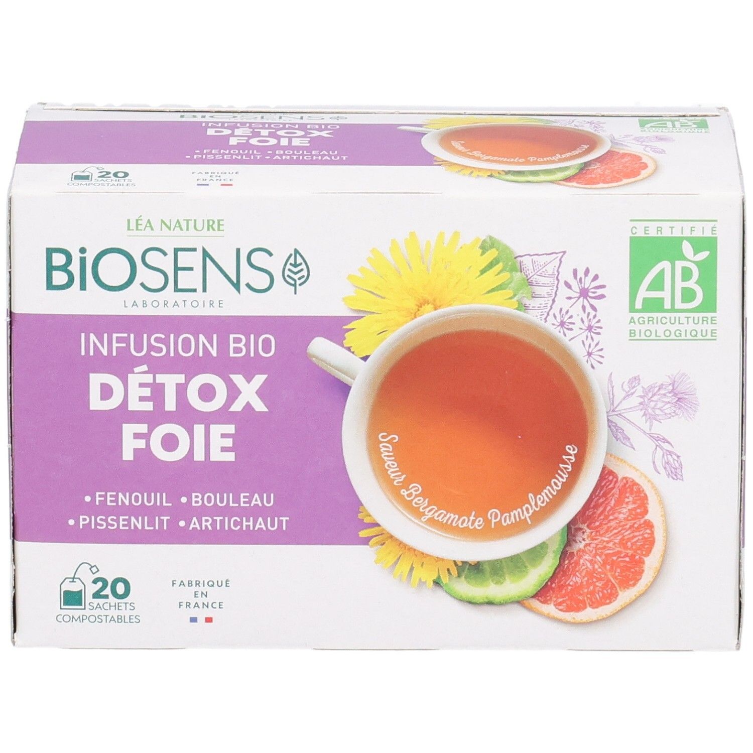 Boîte Biosens Infusion Bio Detox Foie, 20 sachets, certifiée AB, vue de face.