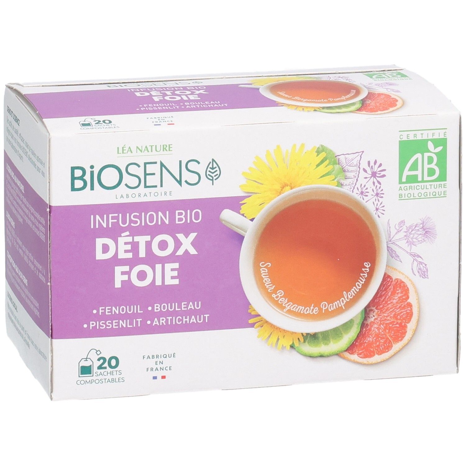 Boîte Biosens Infusion Bio Detox Foie, 20 sachets, certifiée AB, vue légèrement de trois-quarts avant.