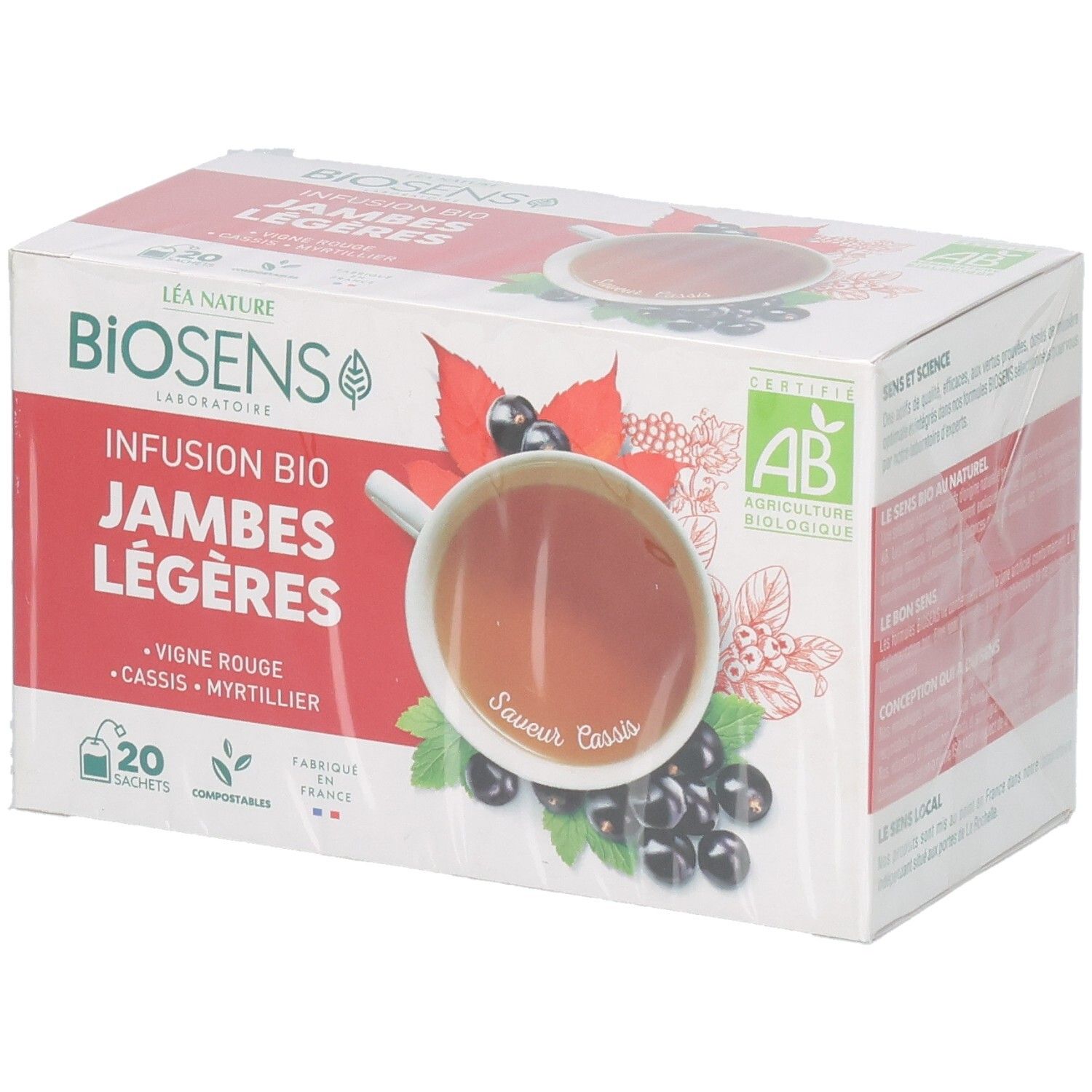 Boîte de 20 sachets Biosens Infusion Bio Jambes Légères à la vigne rouge, cassis et myrtille.