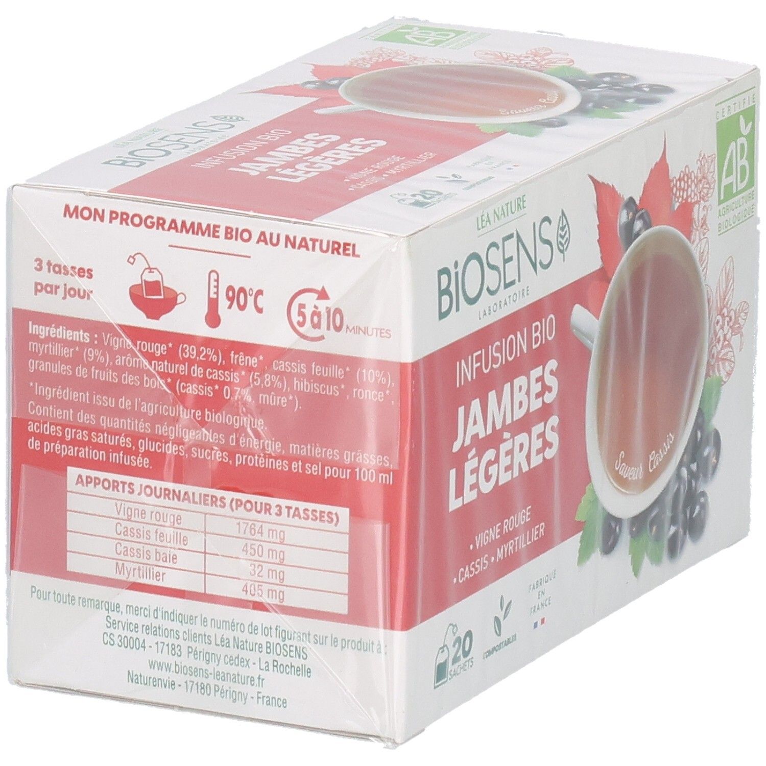 Arrière de la boîte de 20 sachets Biosens Infusion Bio Jambes Légères, ingrédients et informations nutritionnelles.