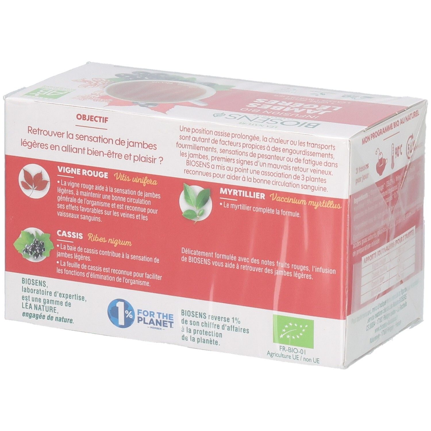 Vue latérale de la boîte Biosens Infusion Bio Jambes Légères avec des informations détaillées sur les ingrédients.