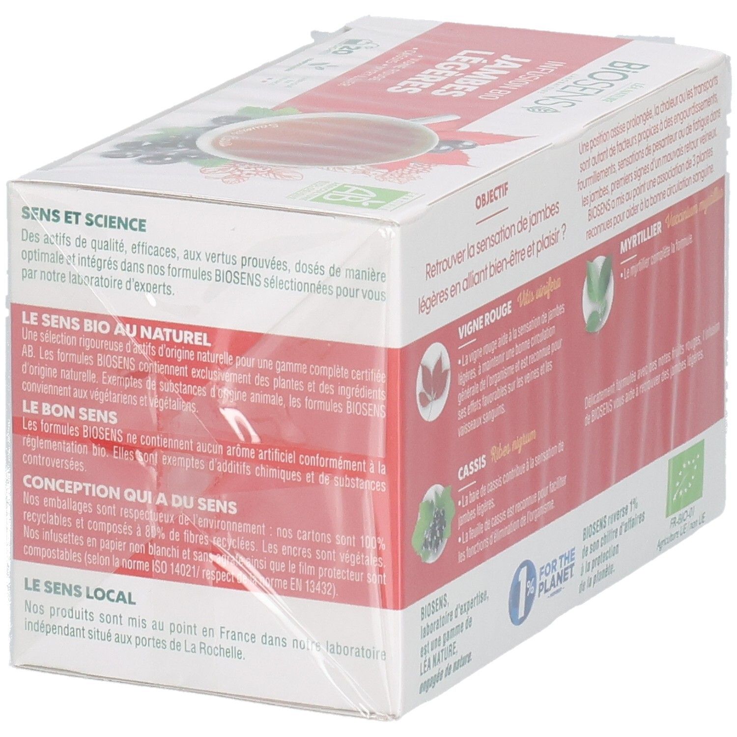 Vue latérale de la boîte Biosens Infusion Bio Jambes Légères avec des informations sur les bienfaits et les ingrédients.