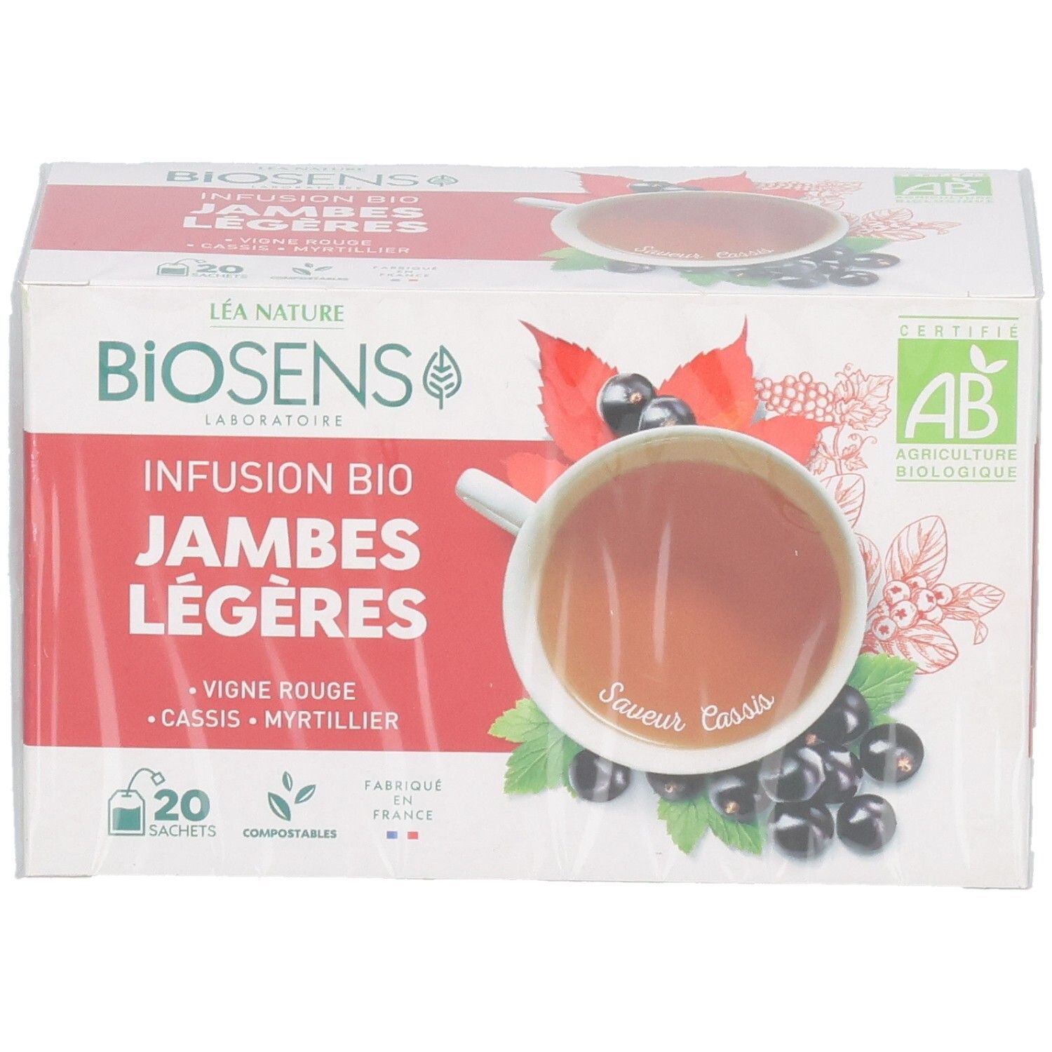Face avant de la boîte Biosens Infusion Bio Jambes Légères, montrant une tasse de thé et des baies.