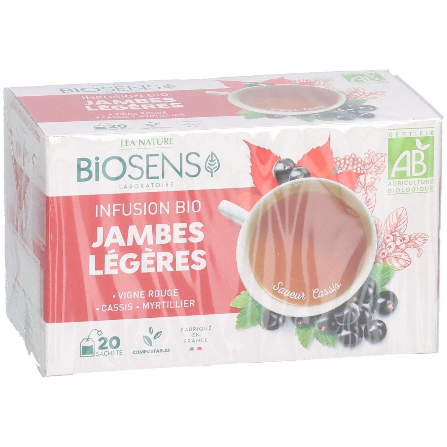 Boîte de 20 sachets Biosens Infusion Bio Jambes Légères, à la vigne rouge, cassis et myrtille.