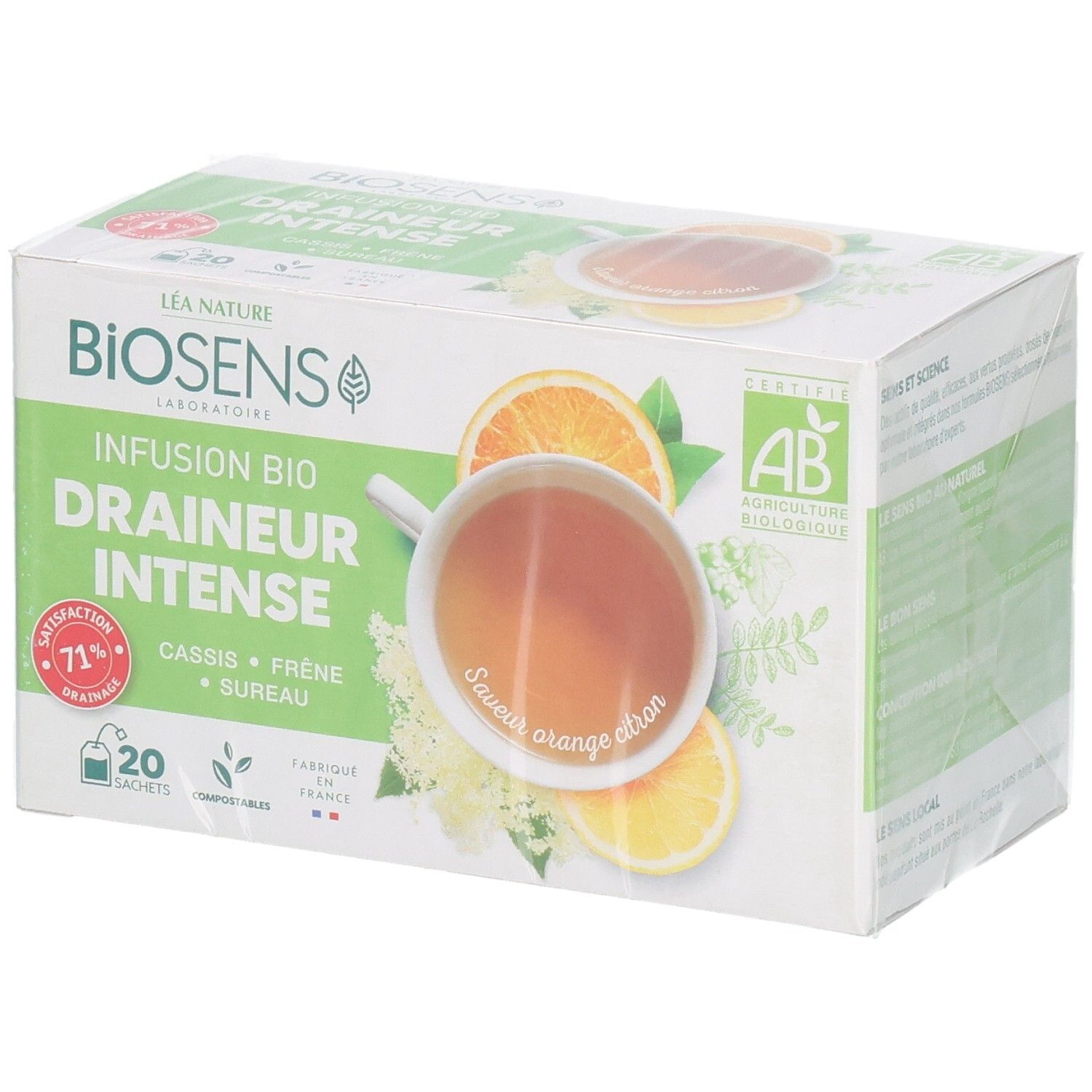 Boîte de 20 sachets de tisane bio 'Drainer Intense' Biosens saveur orange citron.