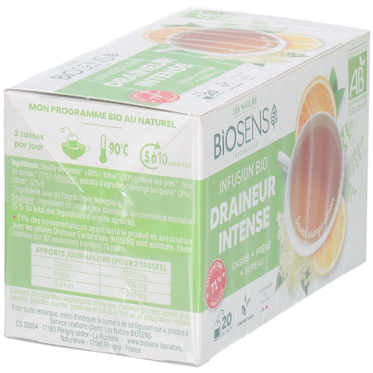 Arrière d'une boîte de 20 sachets de tisane bio 'Drainer Intense' Biosens avec liste des ingrédients.