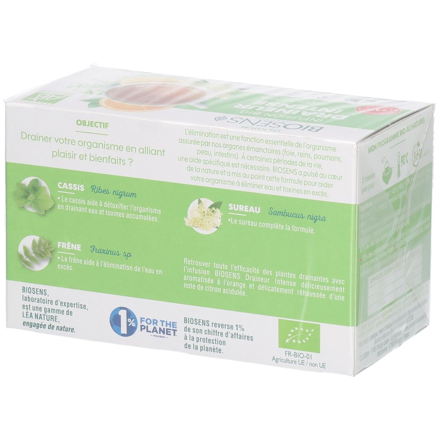 Vue latérale d'une boîte de 20 sachets de tisane bio 'Drainer Intense' Biosens avec informations produit.