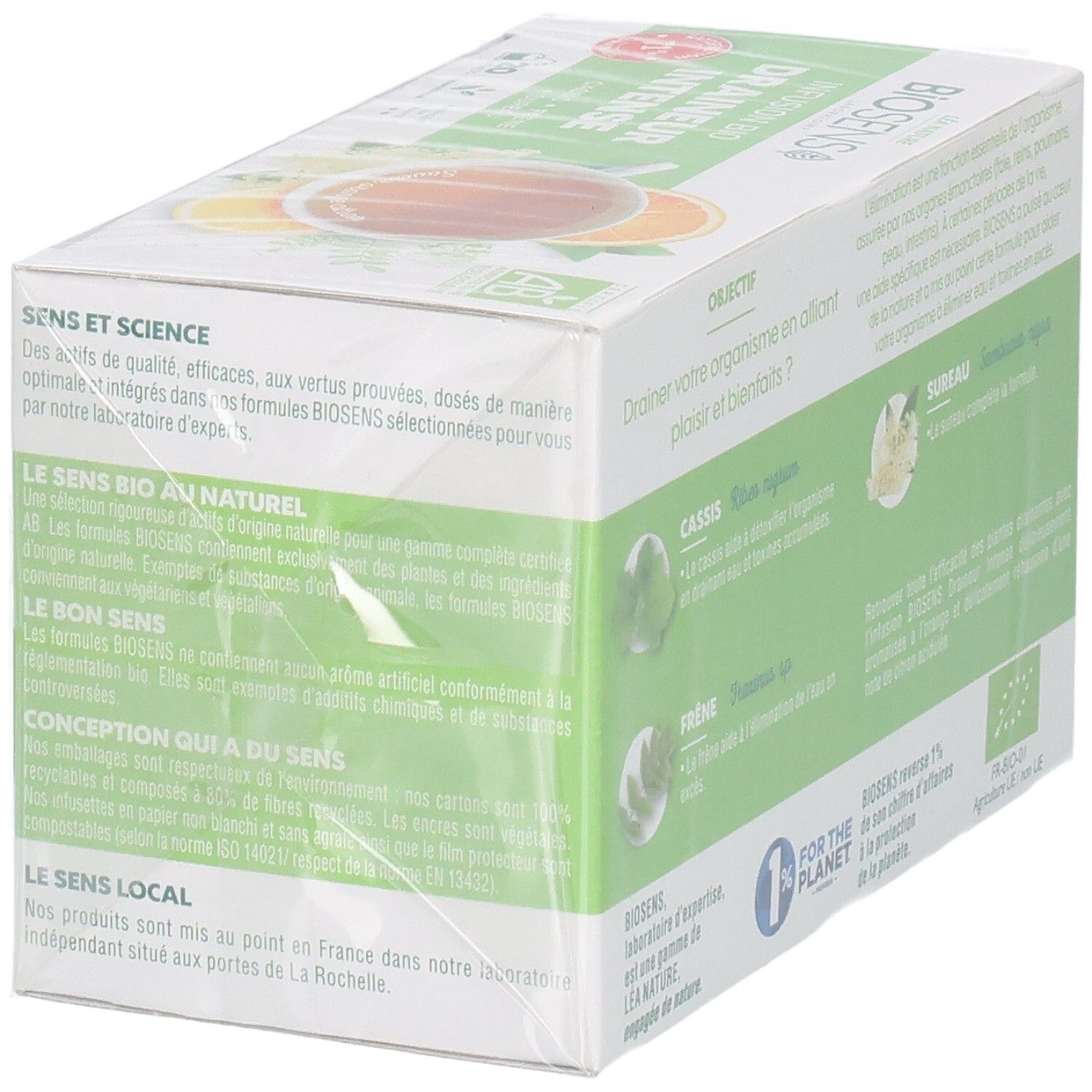 Vue latérale d'une boîte de 20 sachets de tisane bio 'Drainer Intense' Biosens avec label bio.