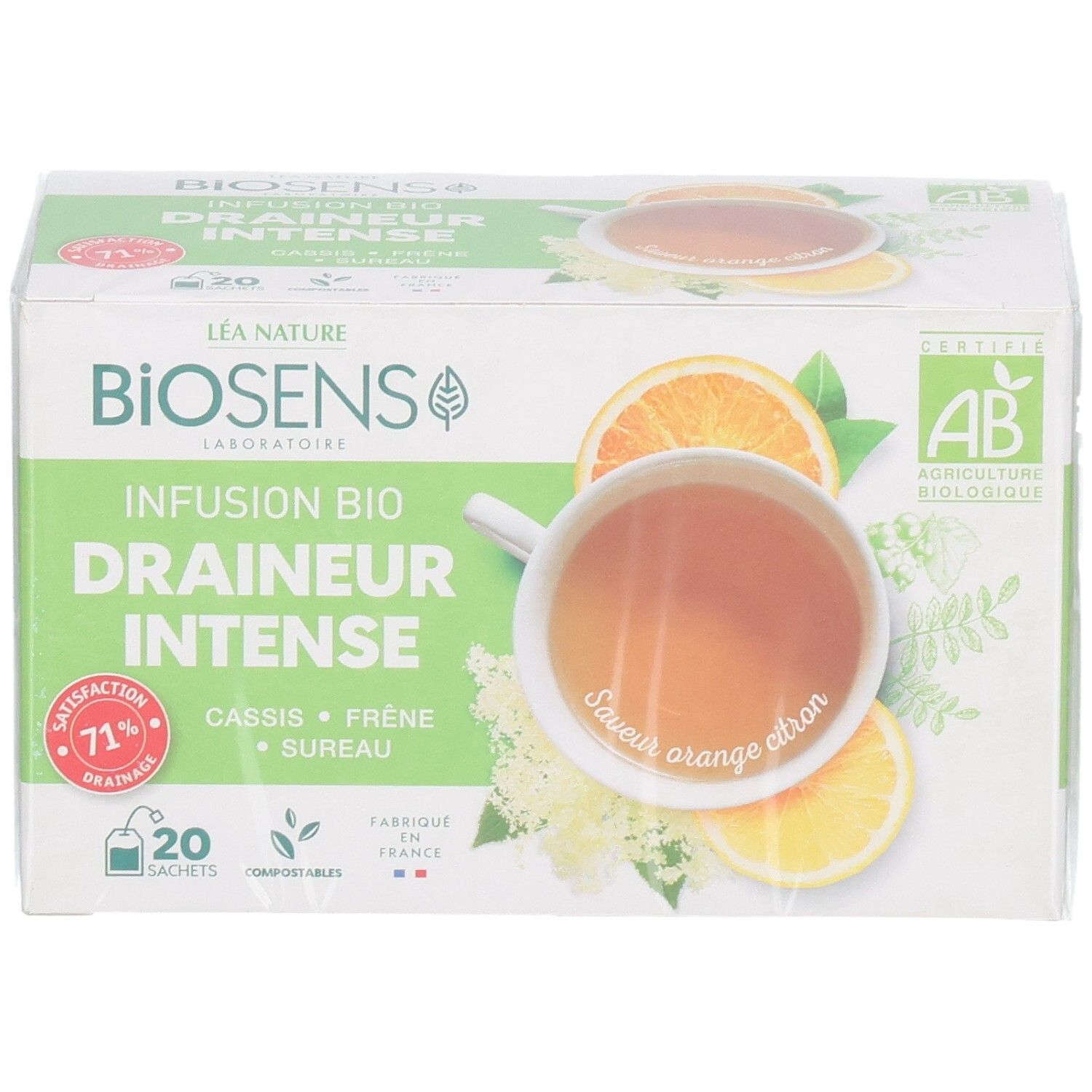 Face avant d'une boîte de 20 sachets de tisane bio 'Drainer Intense' Biosens avec orange et citron.