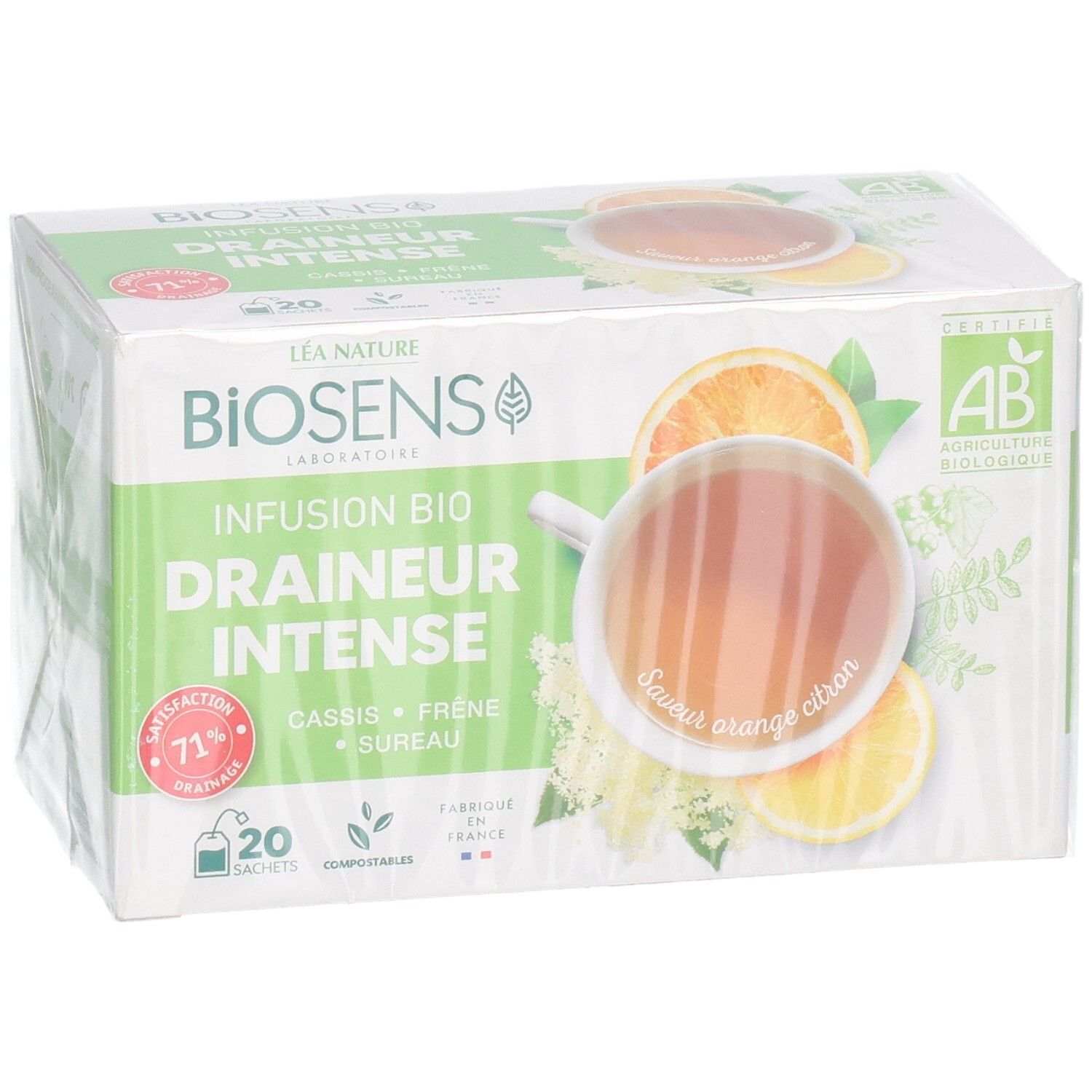 Boîte de 20 sachets de tisane bio 'Drainer Intense' Biosens avec orange et citron, gros plan.