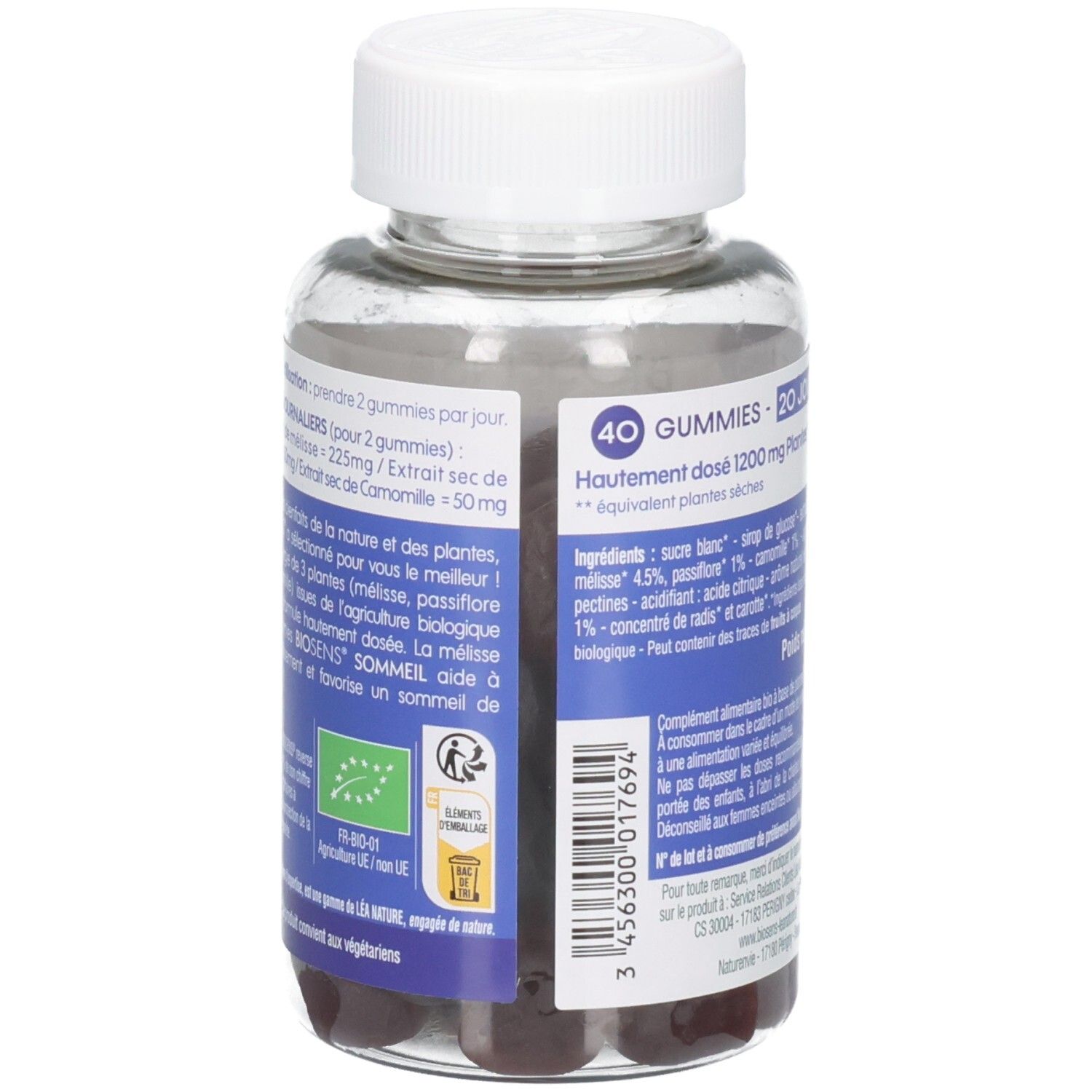 Côté de la bouteille BSE Gummies Sommeil avec label BIO et quantité 40 pièces.