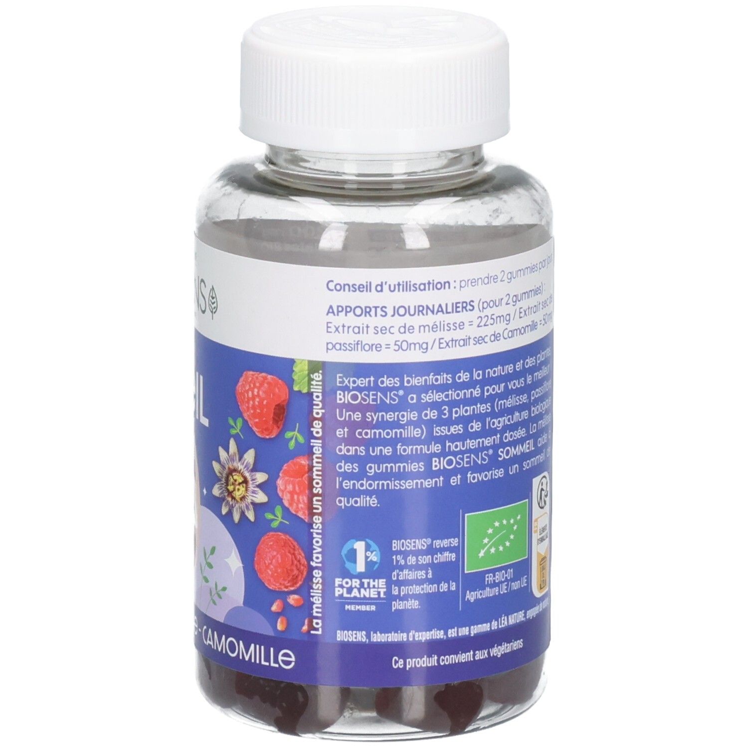 Arrière de la bouteille BSE Gummies Sommeil avec instructions d'utilisation et label BIO.