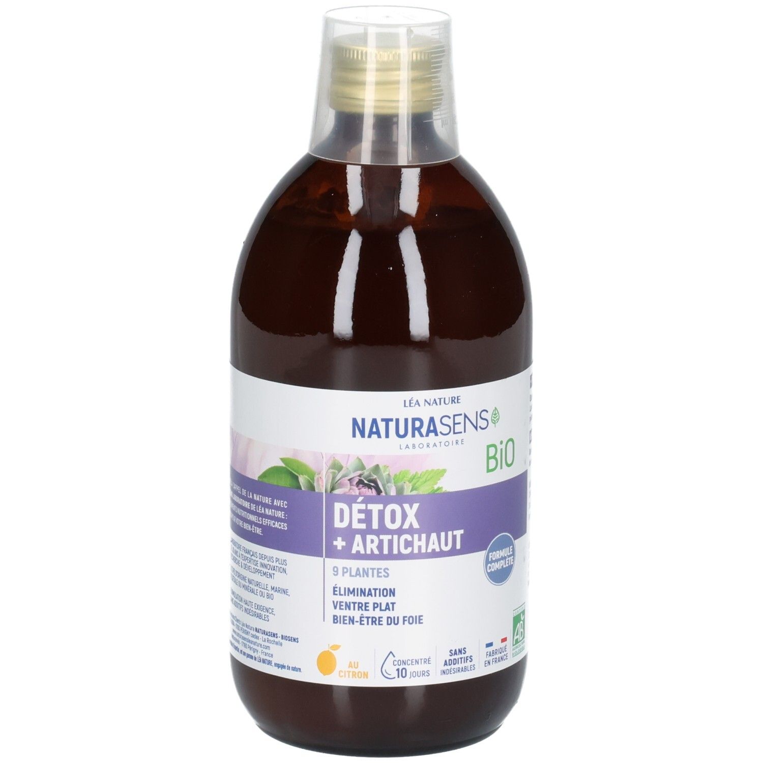 Bouteille en verre brun: NaturaSens Bio Detox + Artichaut, 9 plantes, 500ml.