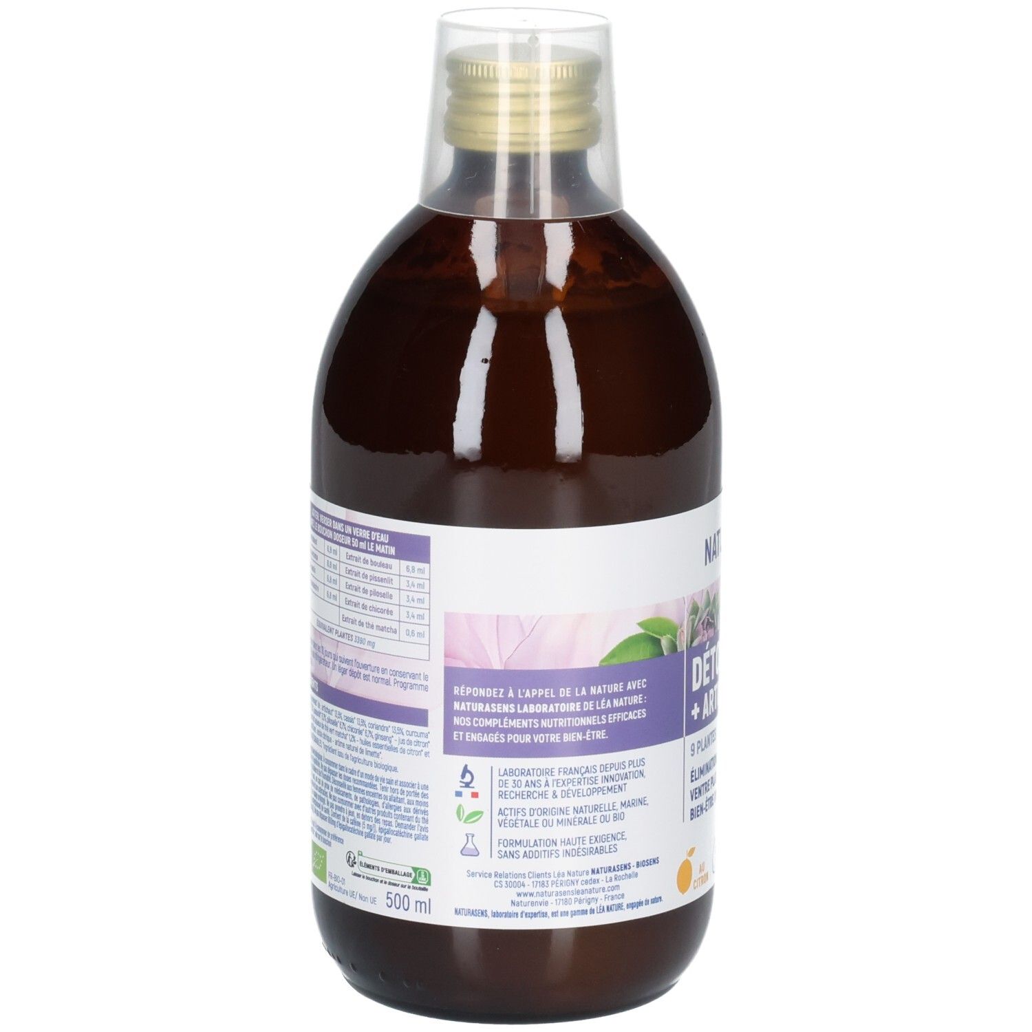Arrière d'une bouteille en verre brun: NaturaSens Bio Detox + Artichaut, 500ml.