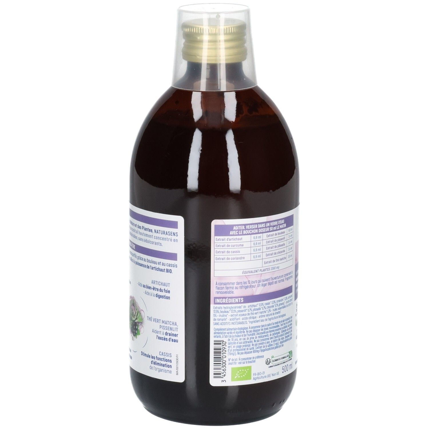 Arrière d'une bouteille en verre brun: NaturaSens Bio Detox + Artichaut, 500ml.