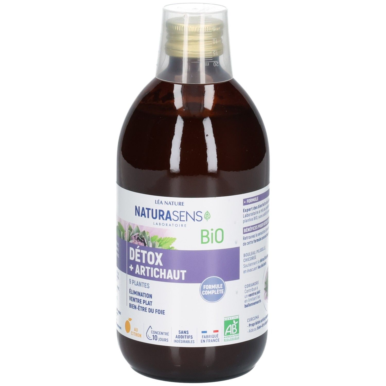 Bouteille en verre brun: NaturaSens Bio Detox + Artichaut, 9 plantes, 500ml.