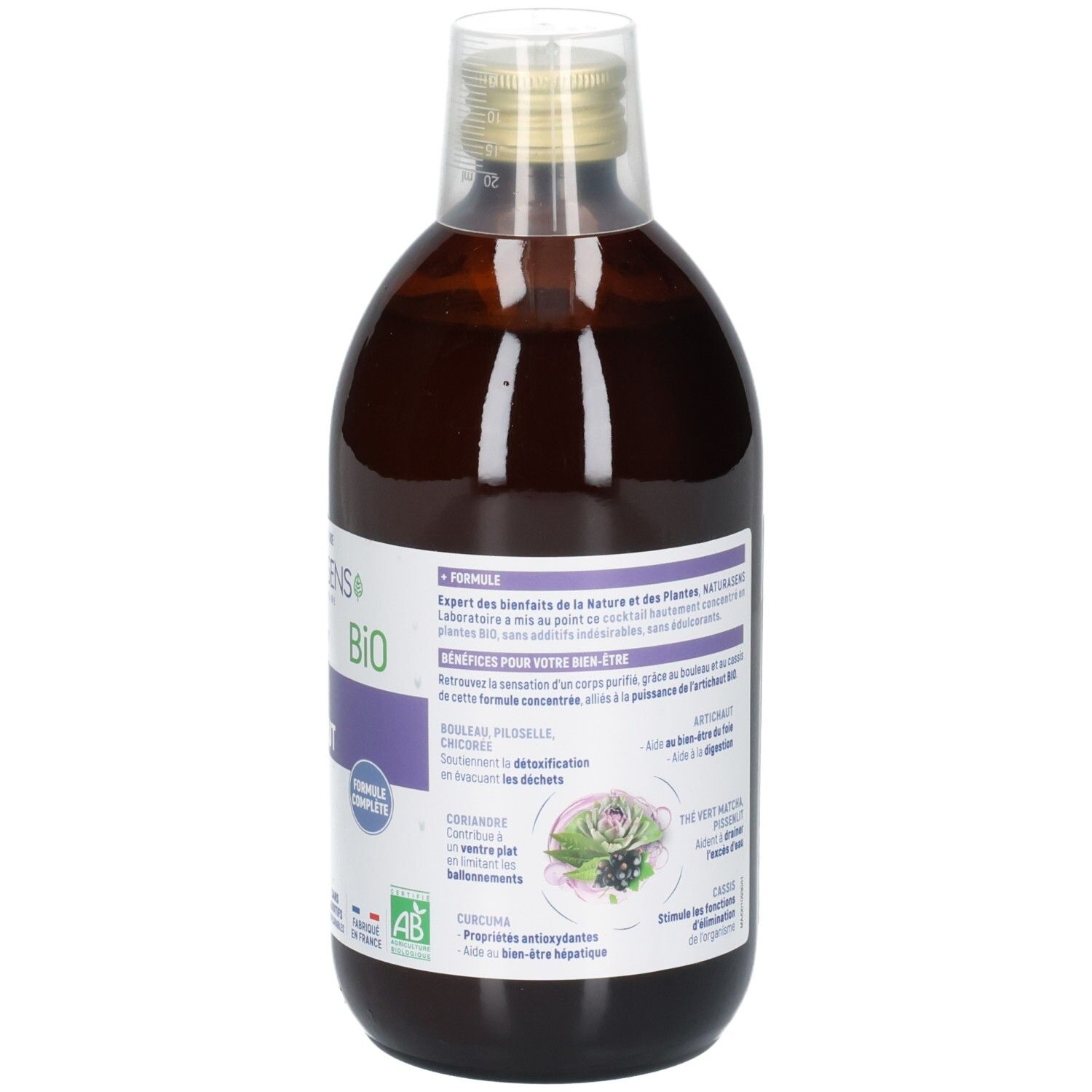 Côté d'une bouteille en verre brun: NaturaSens Bio Detox + Artichaut, 500ml.