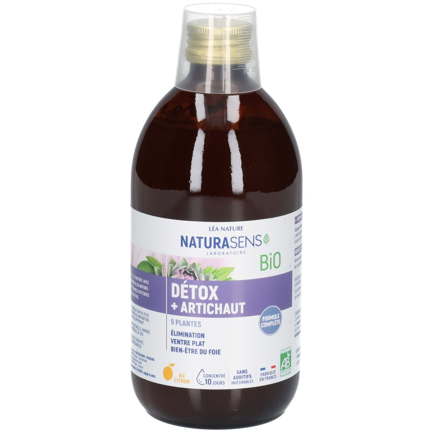 Bouteille en verre brun: NaturaSens Bio Detox + Artichaut, 9 plantes, 500ml.