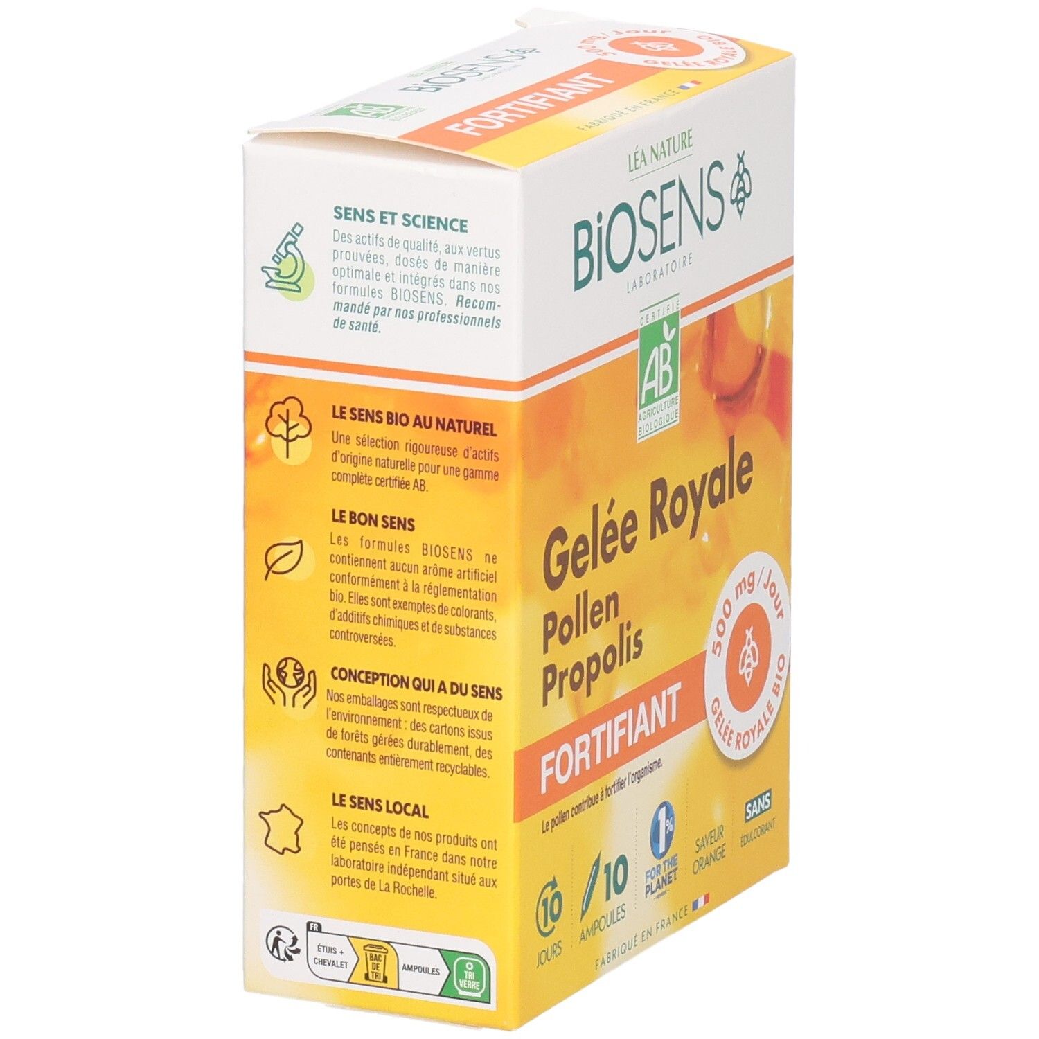 Vue latérale de la boîte de 10 ampoules Gelée Royale Pollen Propolis, certifiée Bio.