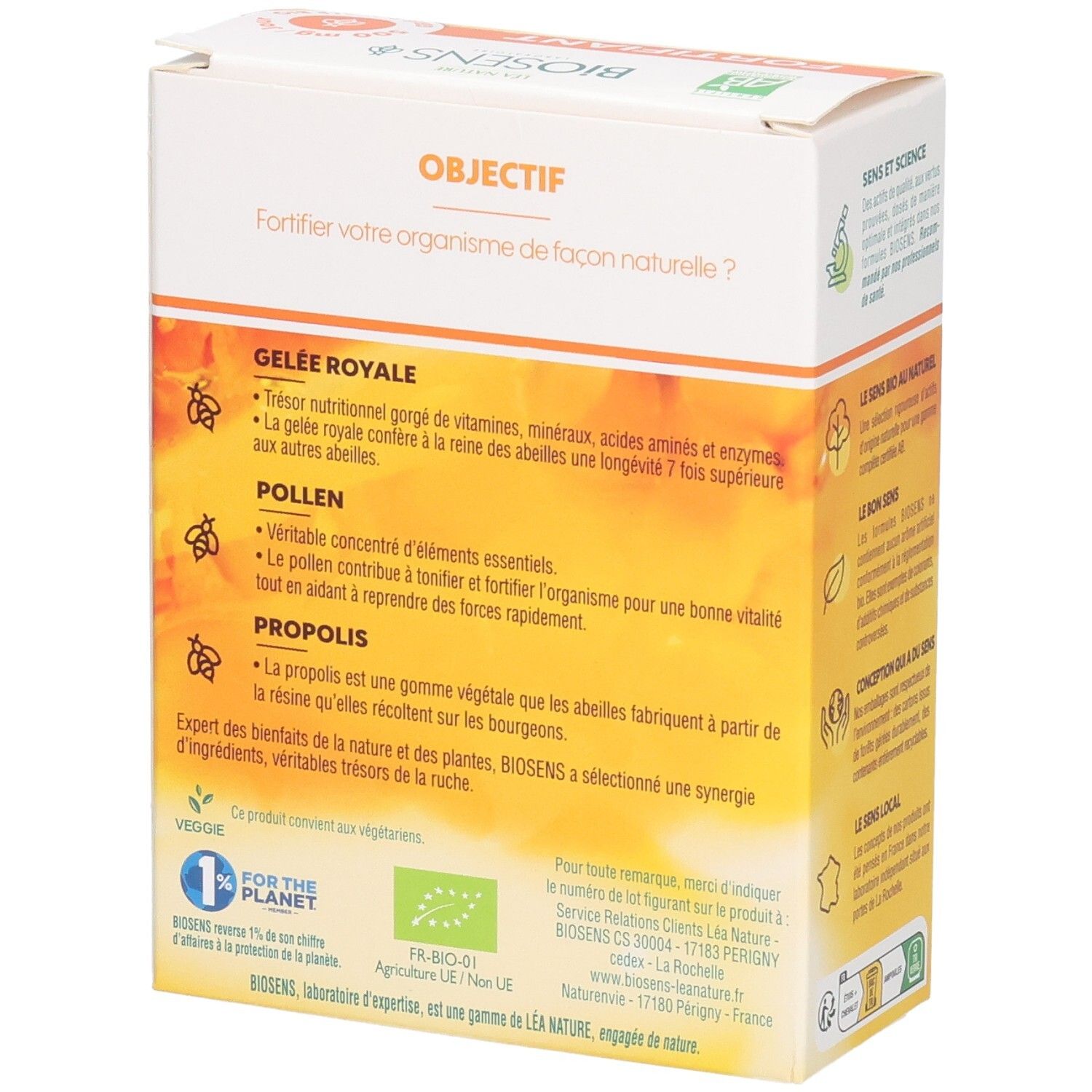 Arrière de la boîte de 10 ampoules Gelée Royale Pollen Propolis, certifiée Bio.