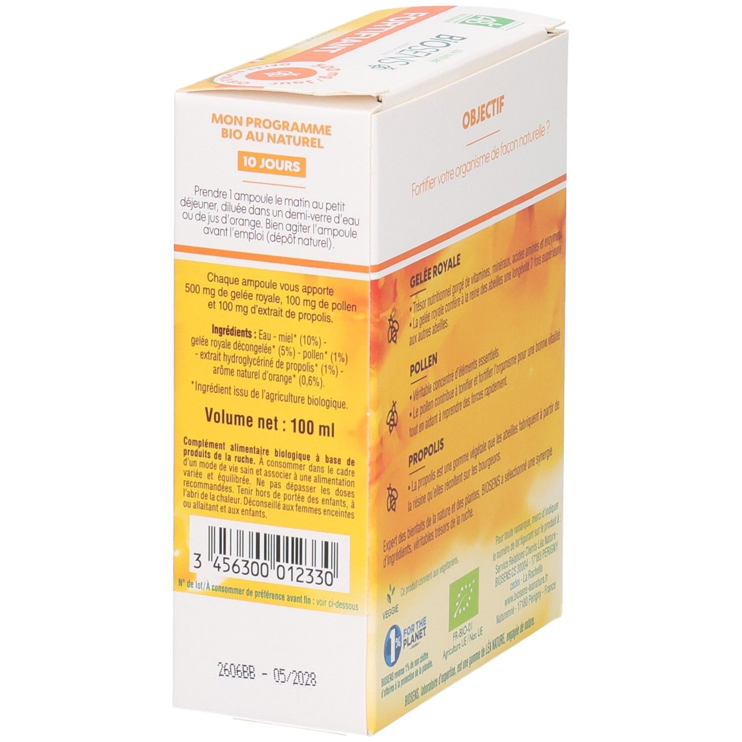 Vue latérale de la boîte de 10 ampoules Gelée Royale Pollen Propolis, certifiée Bio.