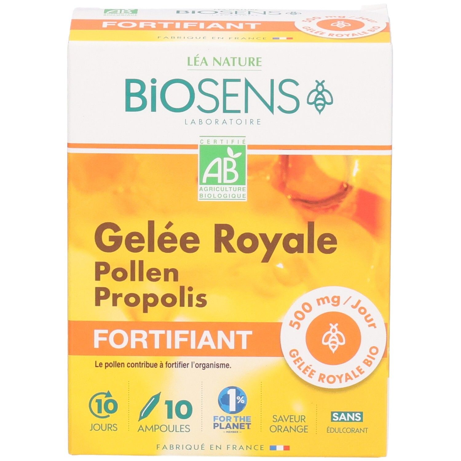 Avant de la boîte de 10 ampoules Gelée Royale Pollen Propolis, certifiée Bio.