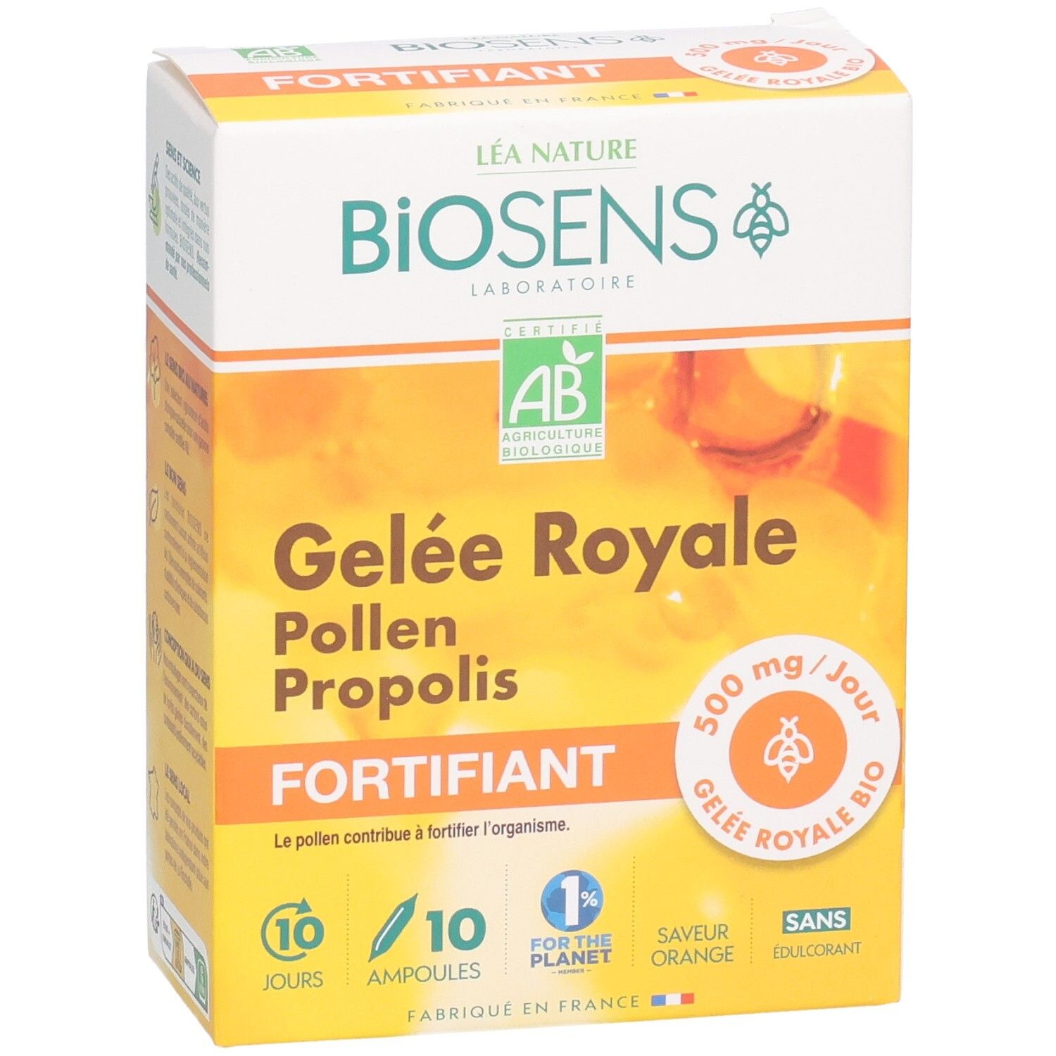 Boîte de 10 ampoules Gelée Royale Pollen Propolis, certifiée Bio.