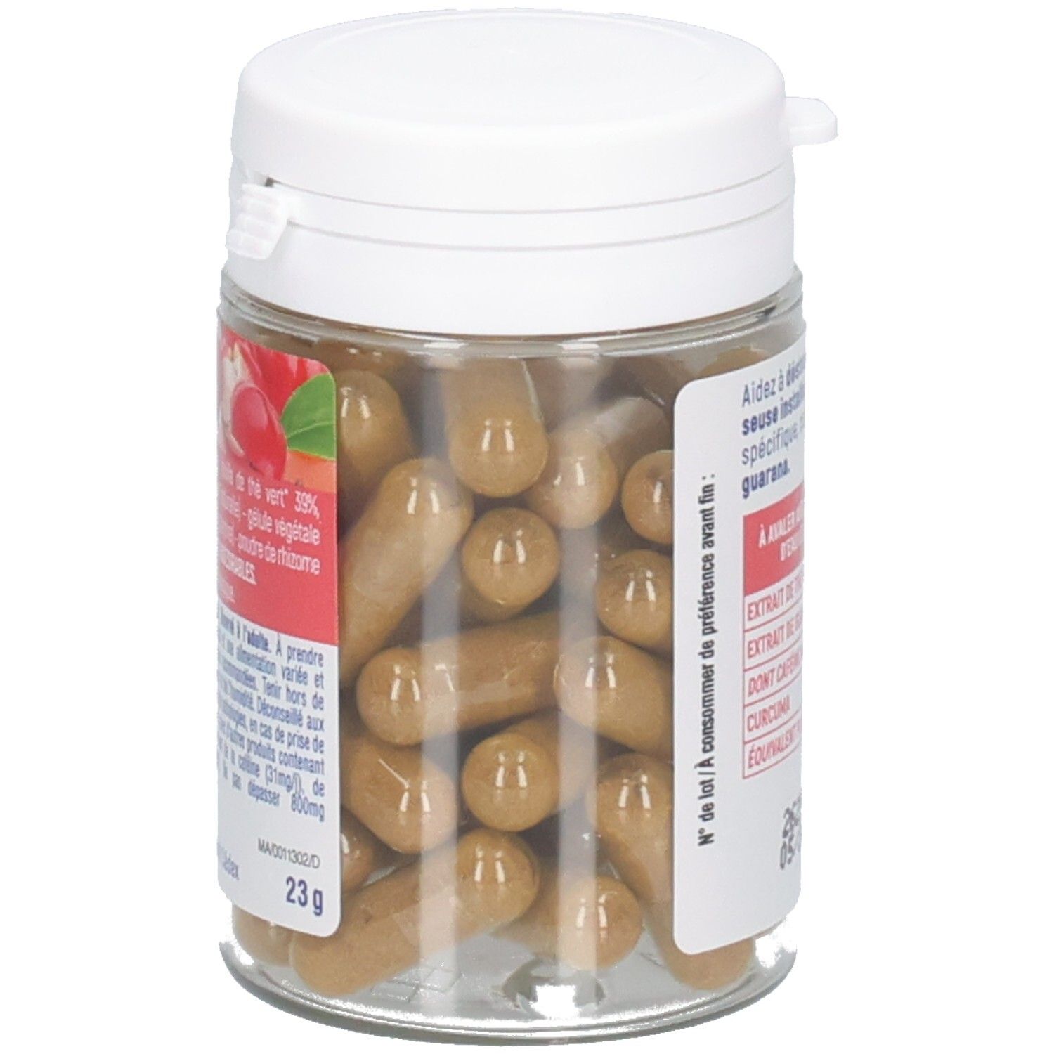 Flacon transparent avec des gélules brunes, étiquette avec ingrédients et dosage.