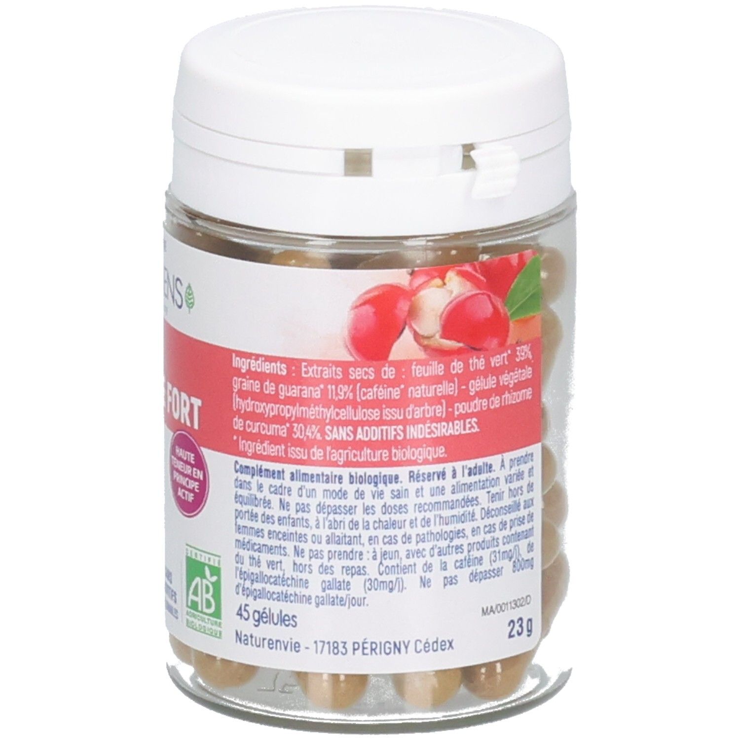 Flacon de 45 gélules végétales, étiquette avec label Bio et ingrédients.
