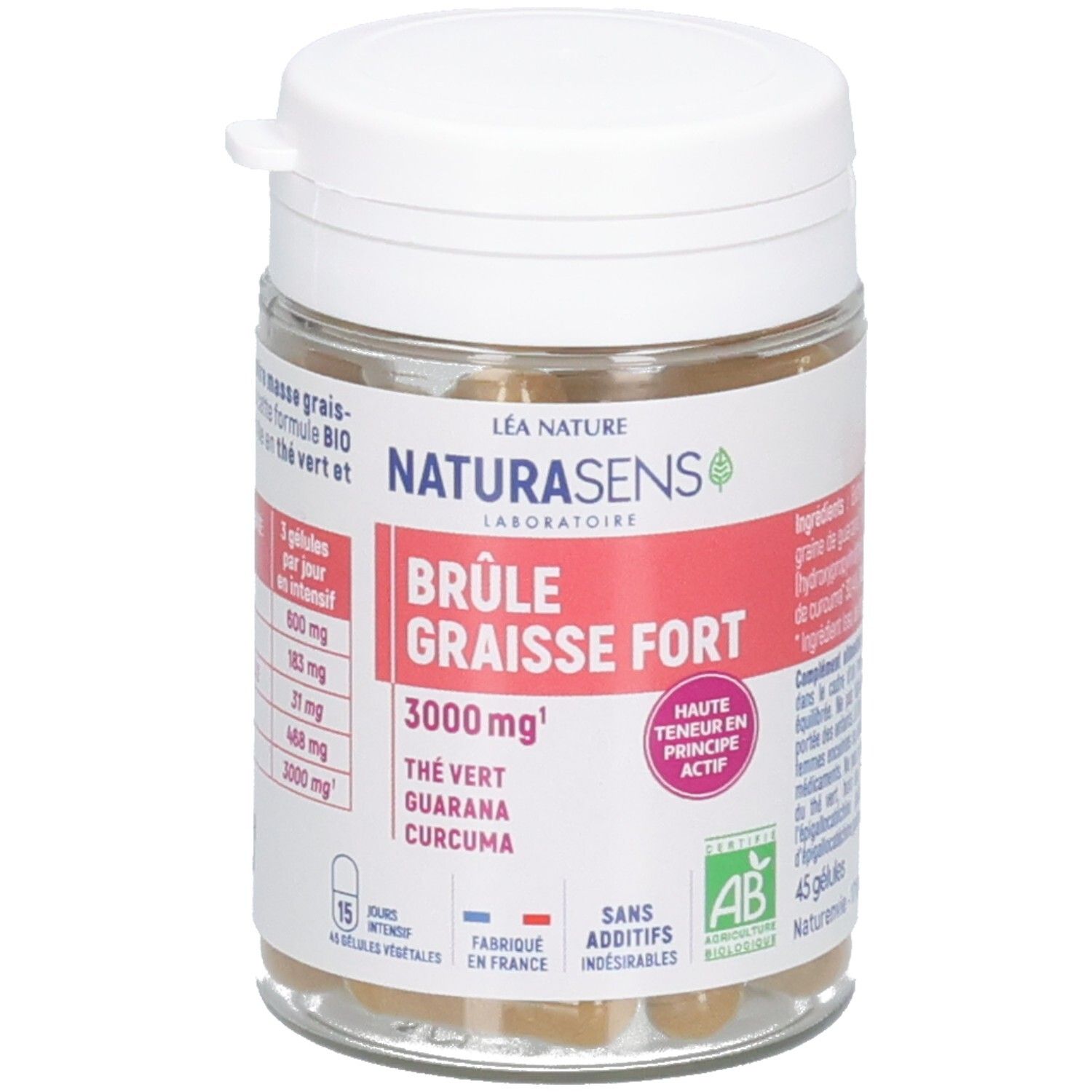 Emballage et flacon du complément alimentaire, avec guarana, thé vert et curcuma.