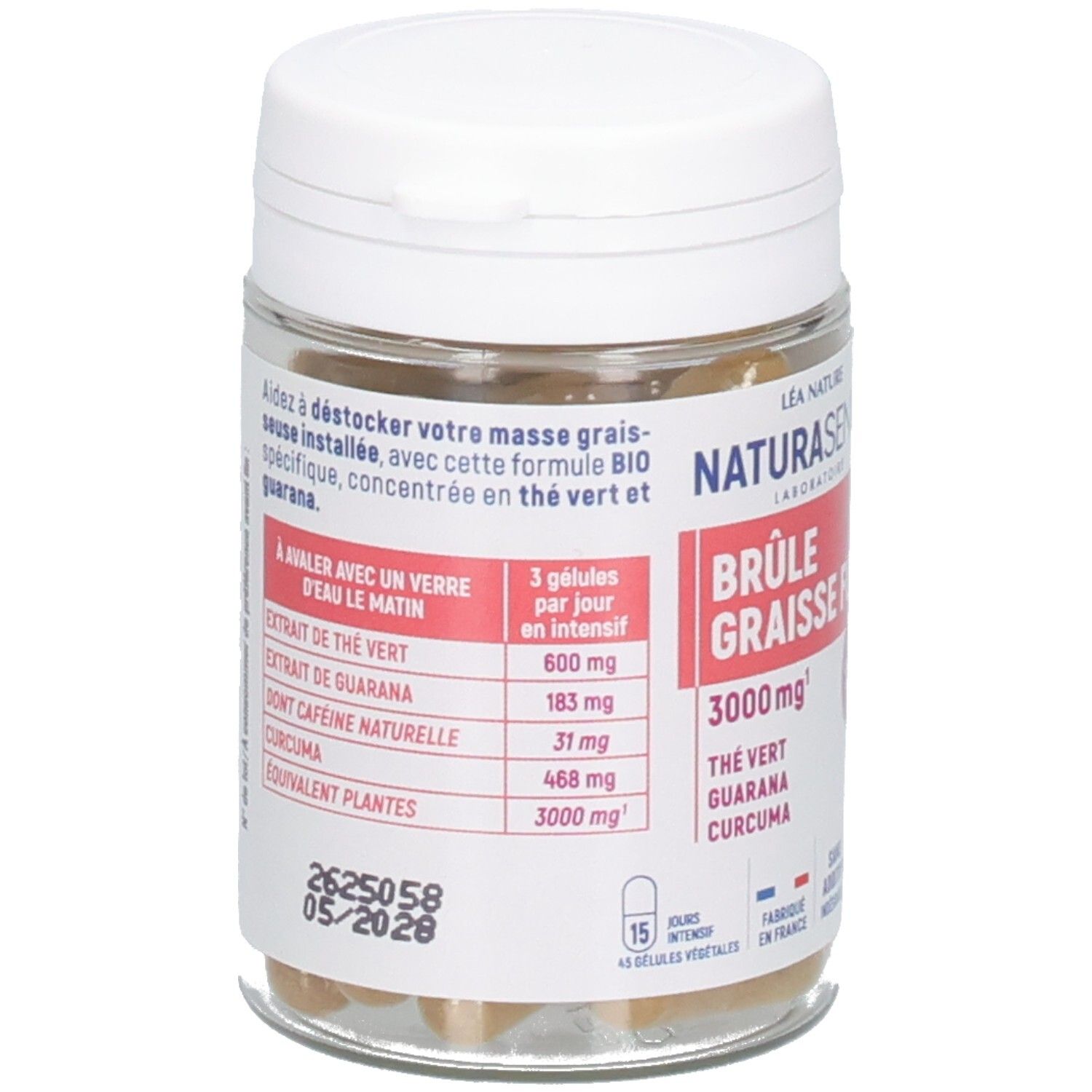 Flacon de 45 gélules végétales, étiquette avec dosage et ingrédients.