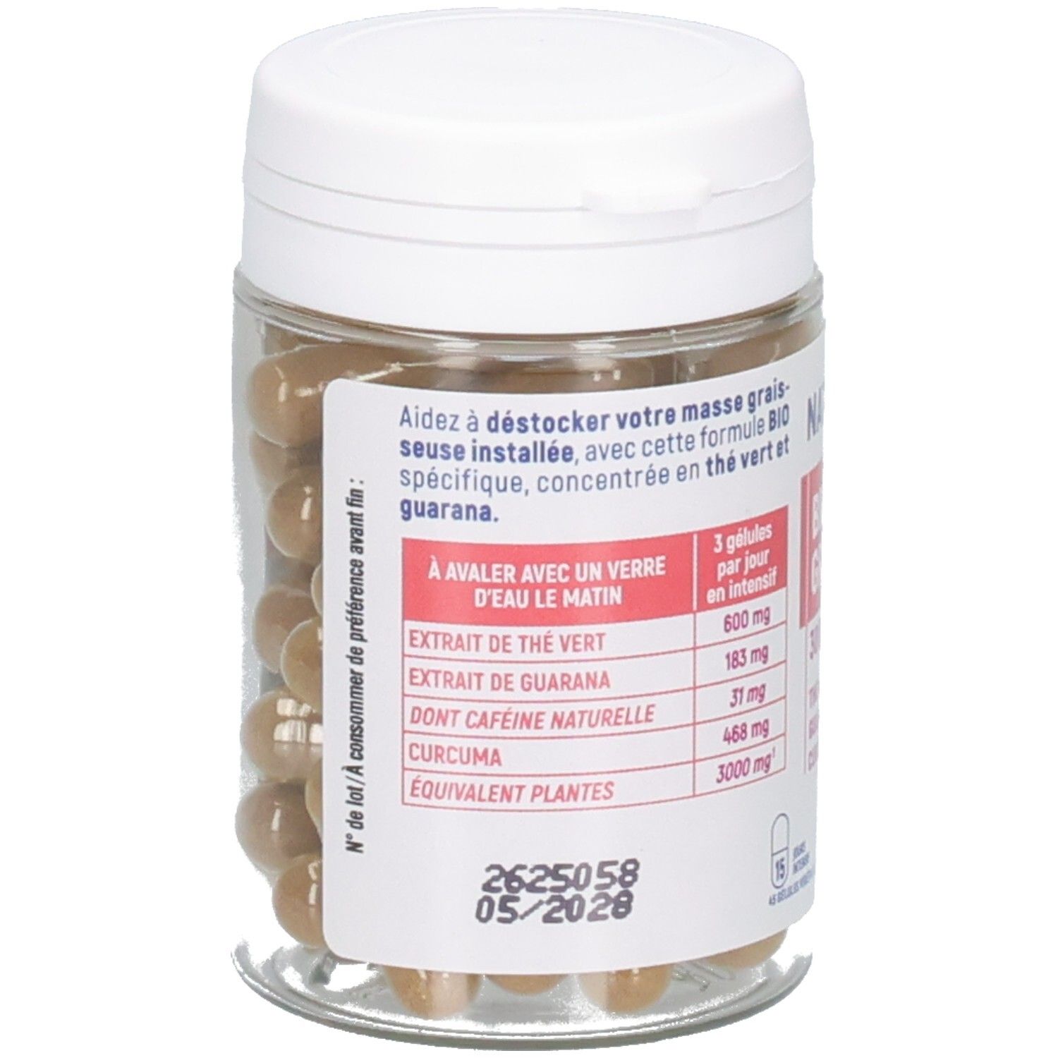 Gros plan d'un flacon de 45 gélules végétales, avec guarana, thé vert et curcuma.