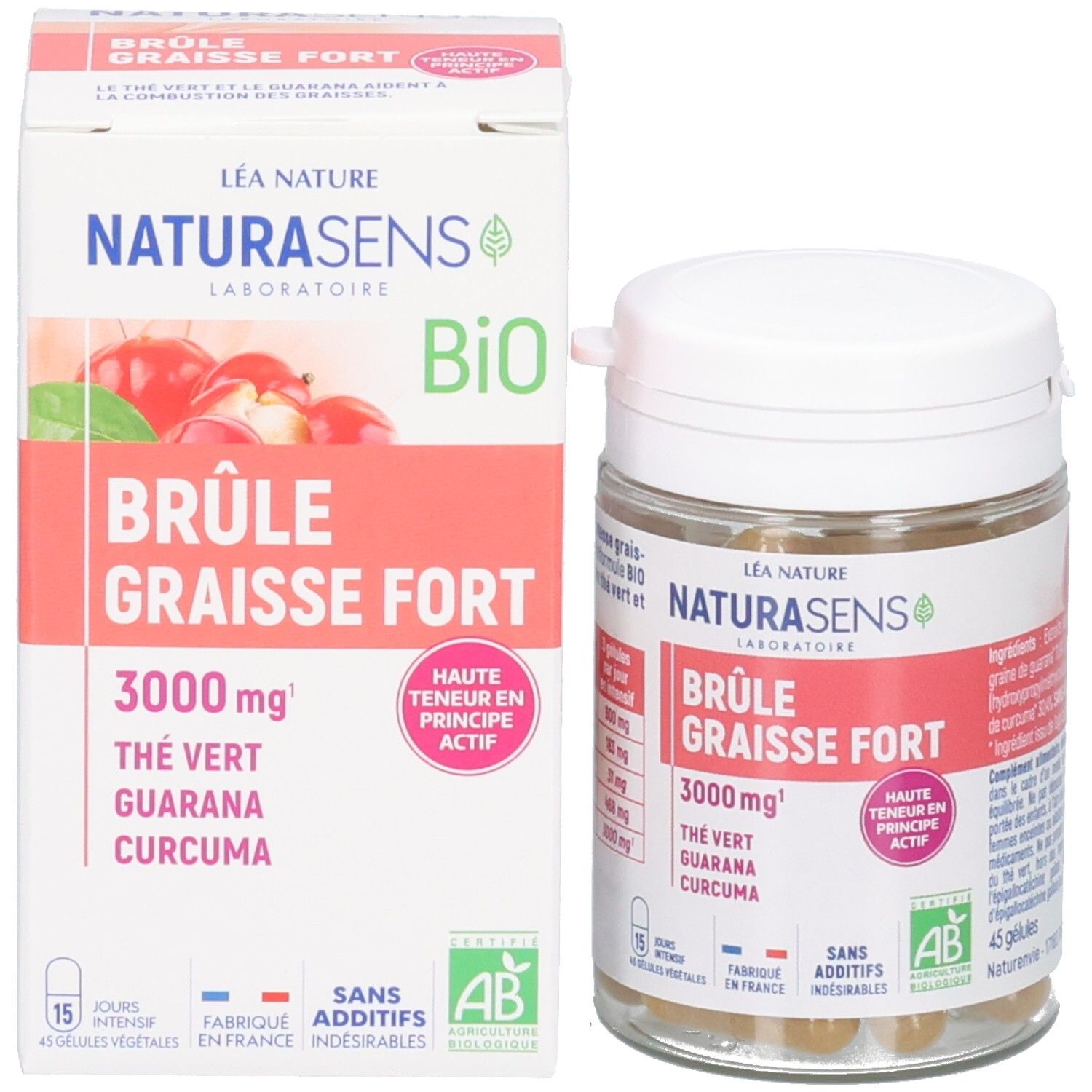 Emballage et flacon du complément alimentaire, avec guarana, thé vert et curcuma.