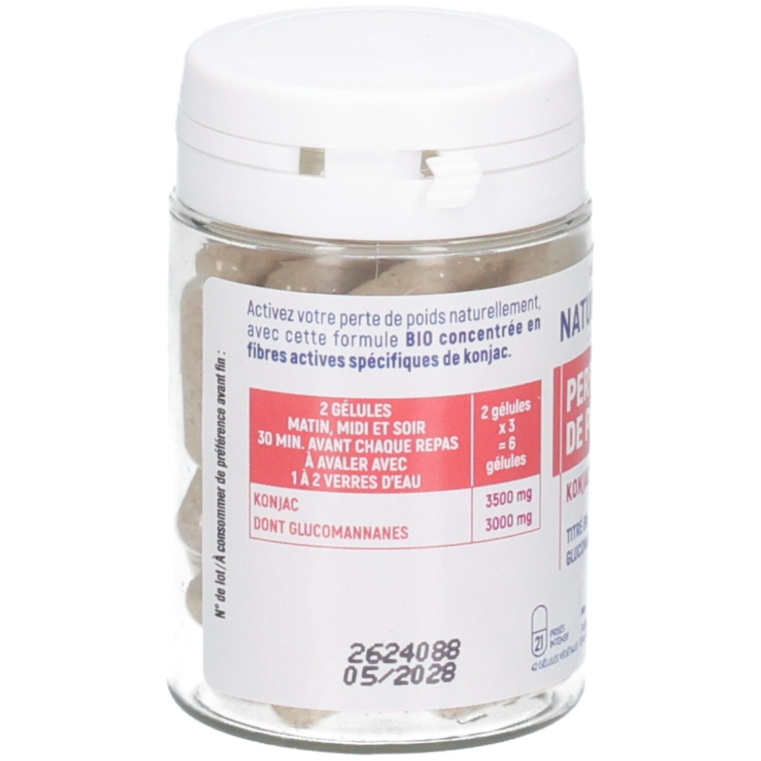 Flacon de gélules de konjac pour la perte de poids, 42 gélules végétales.