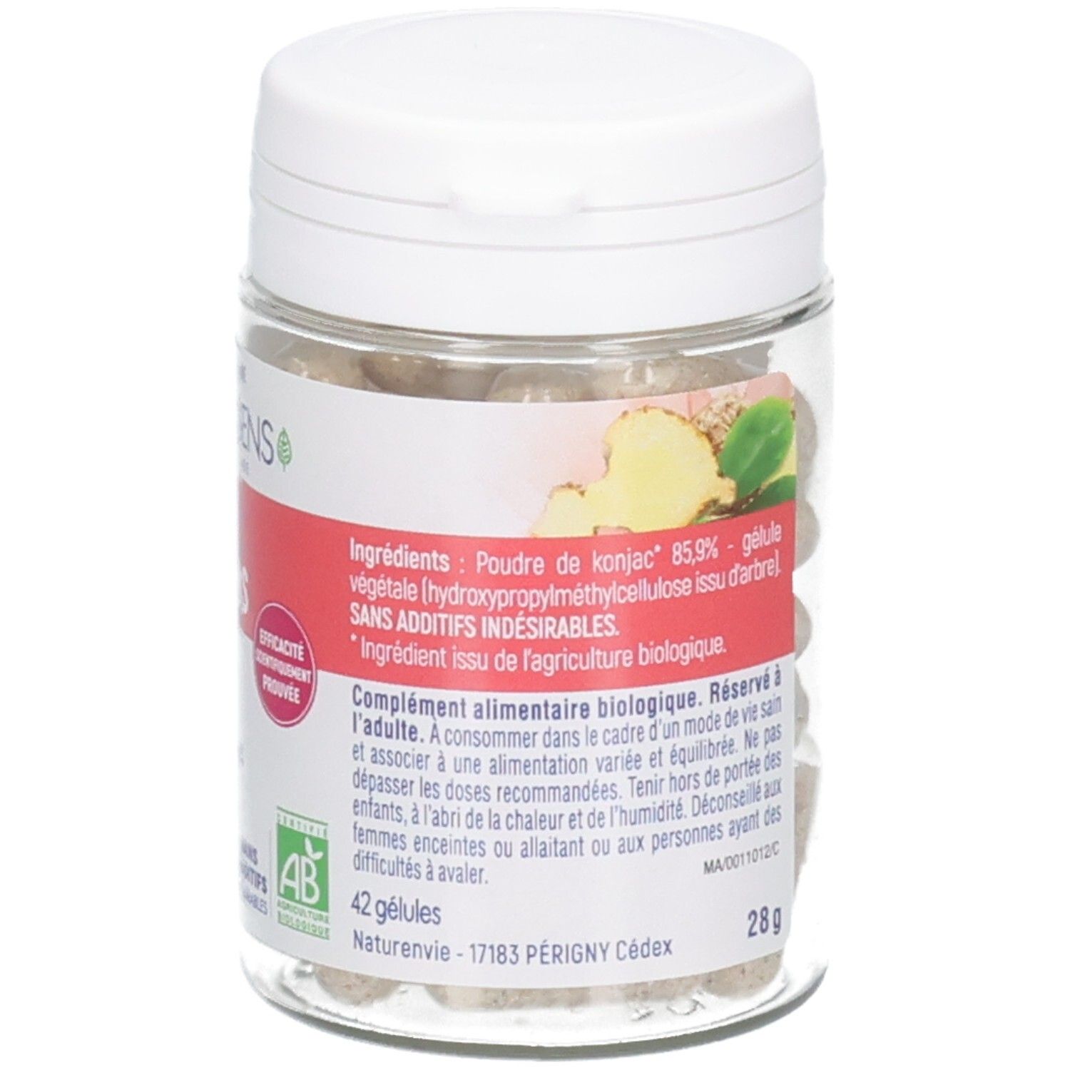 Flacon de gélules de konjac pour la perte de poids, 42 gélules végétales.