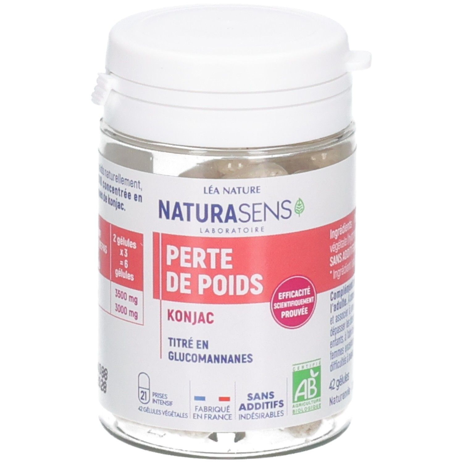 Flacon de gélules de konjac pour la perte de poids, 42 gélules végétales.
