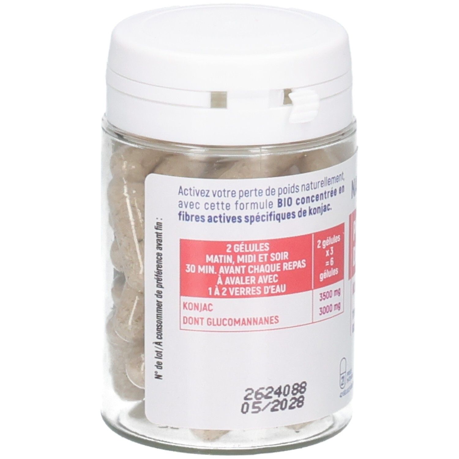 Flacon de gélules de konjac pour la perte de poids, 42 gélules végétales.