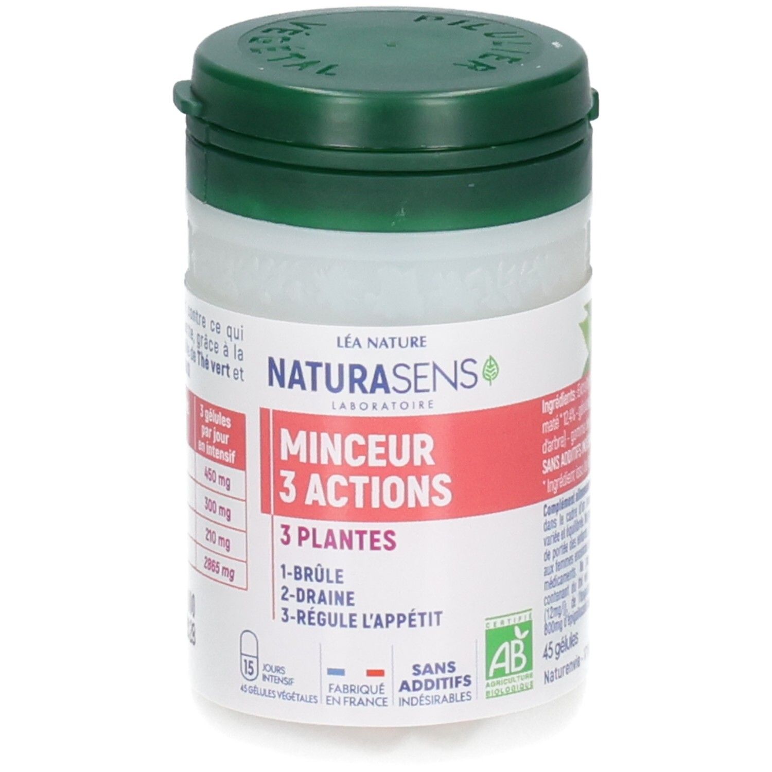 Pot et boîte de gélules Naturasens Minceur 3 Actions avec nom du produit et 3 plantes.