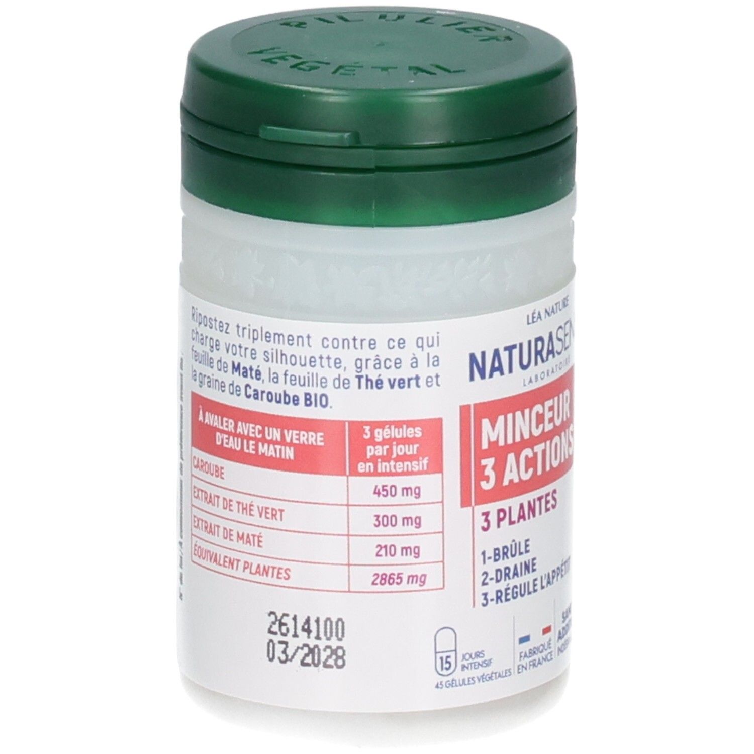 Pot de gélules Naturasens Minceur 3 Actions avec étiquette indiquant ingrédients et dosage.