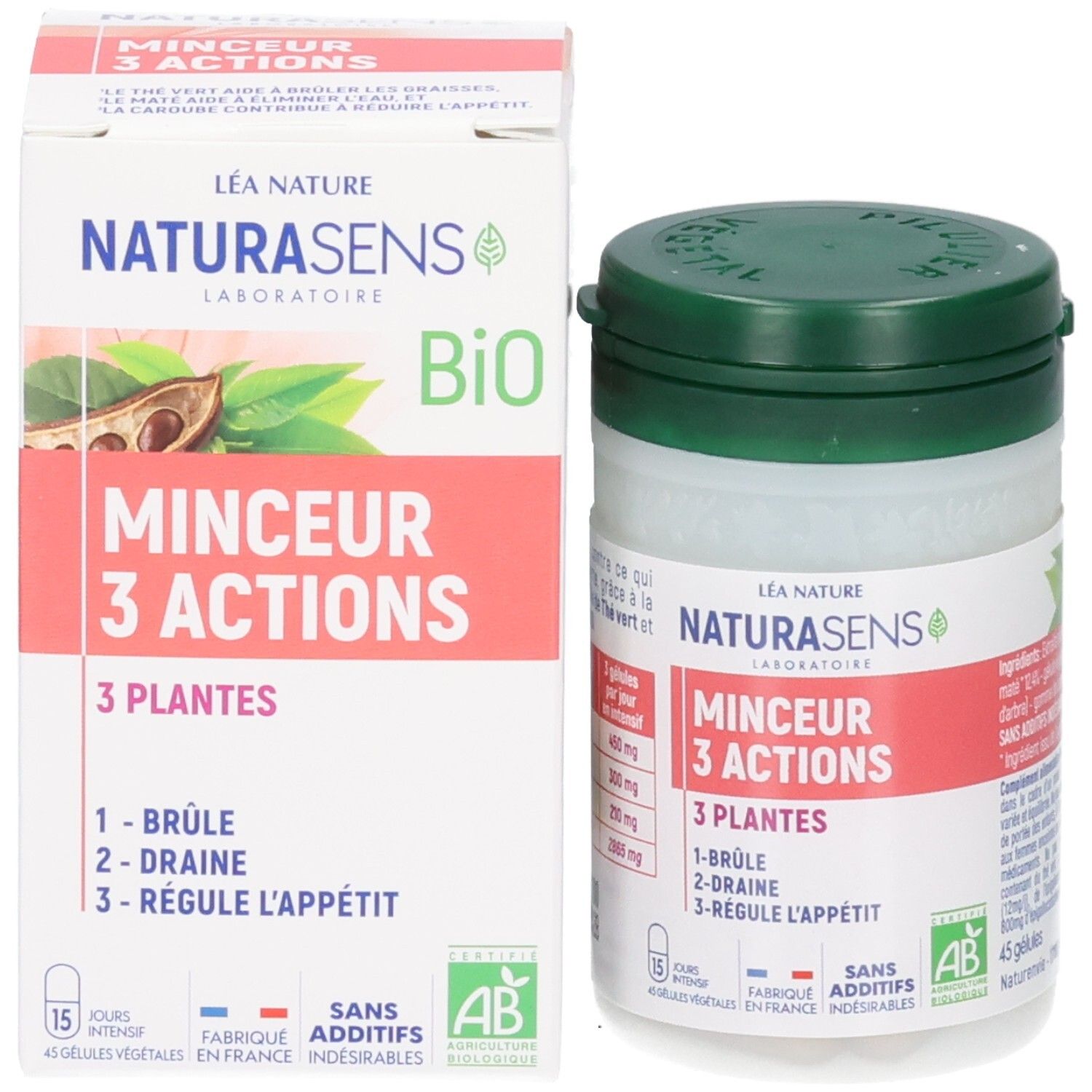Pot et boîte de gélules Naturasens Minceur 3 Actions avec nom du produit et label bio.