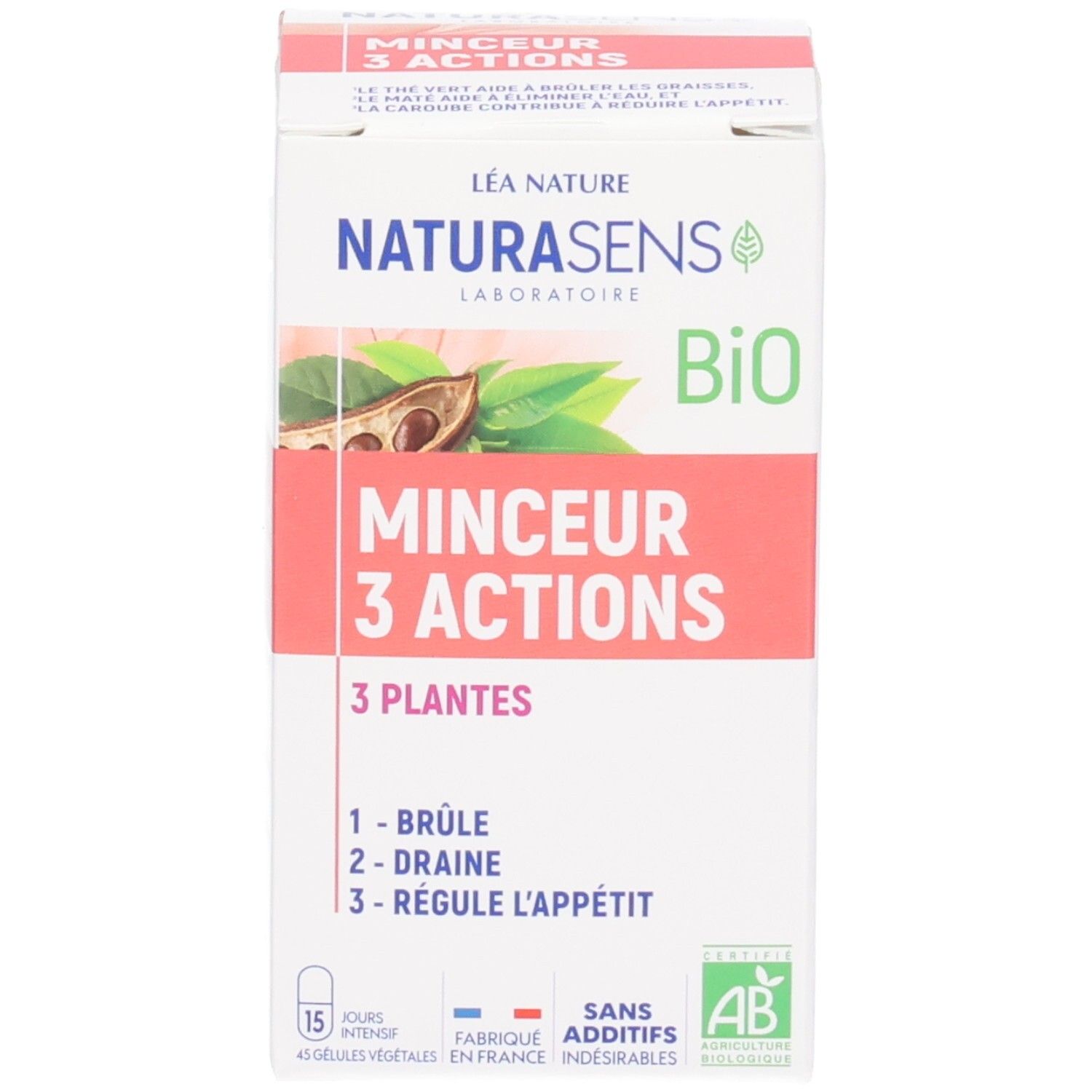 Boîte de gélules Naturasens Minceur 3 Actions avec nom du produit, 3 plantes et label bio.